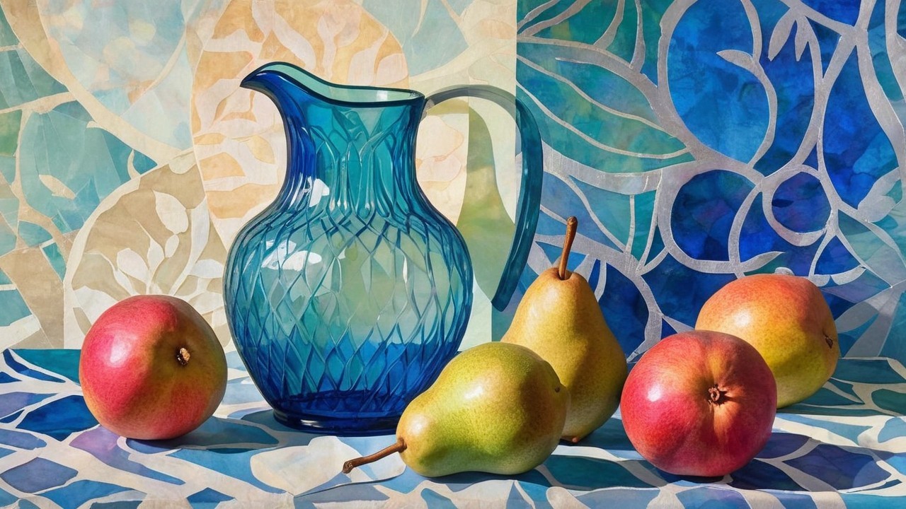 Vibrant Still Life with Blue Pitcher and Fresh Fruits