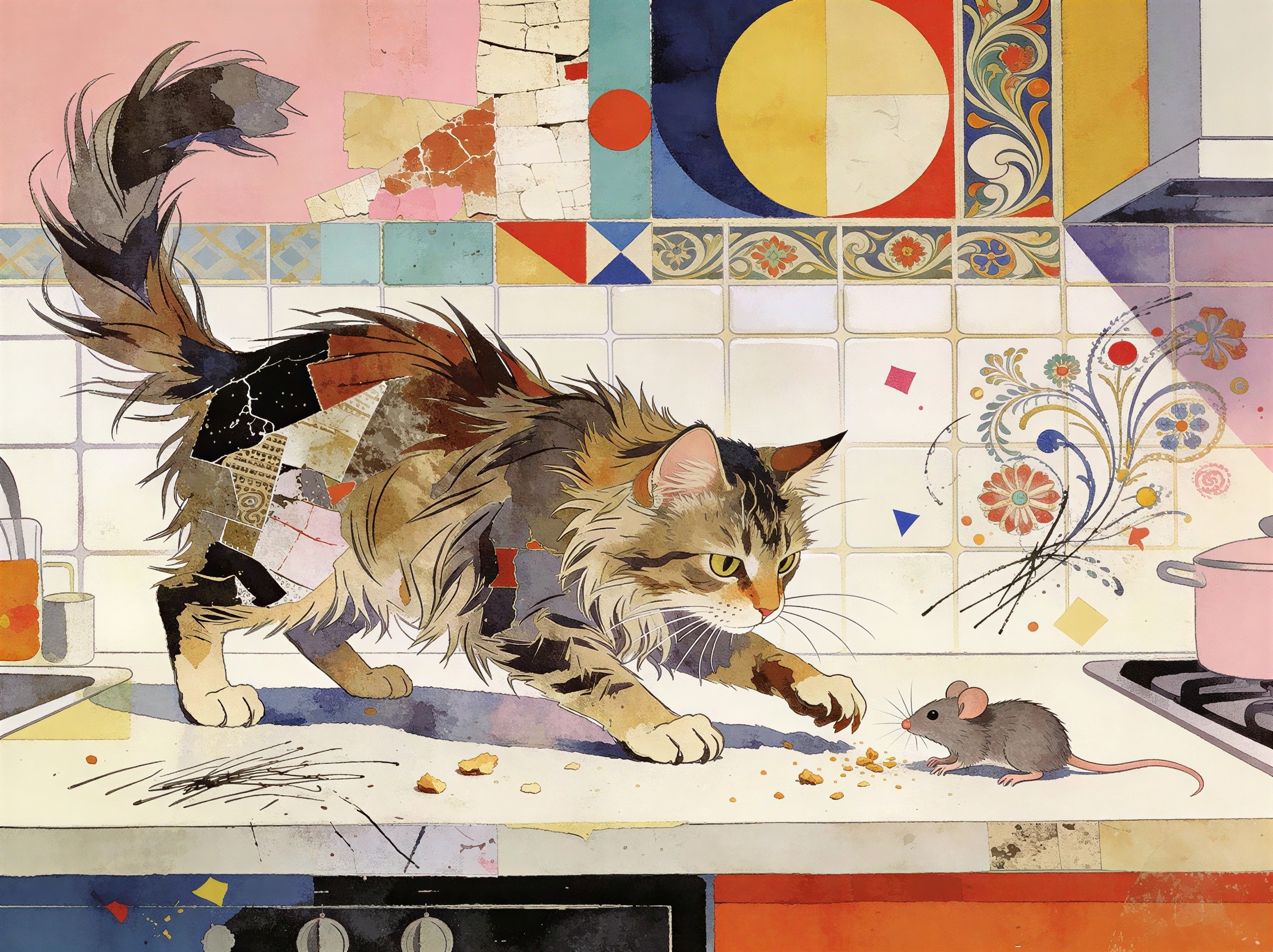 Watercolor and Collage of Tabby Cat and Mouse Scene