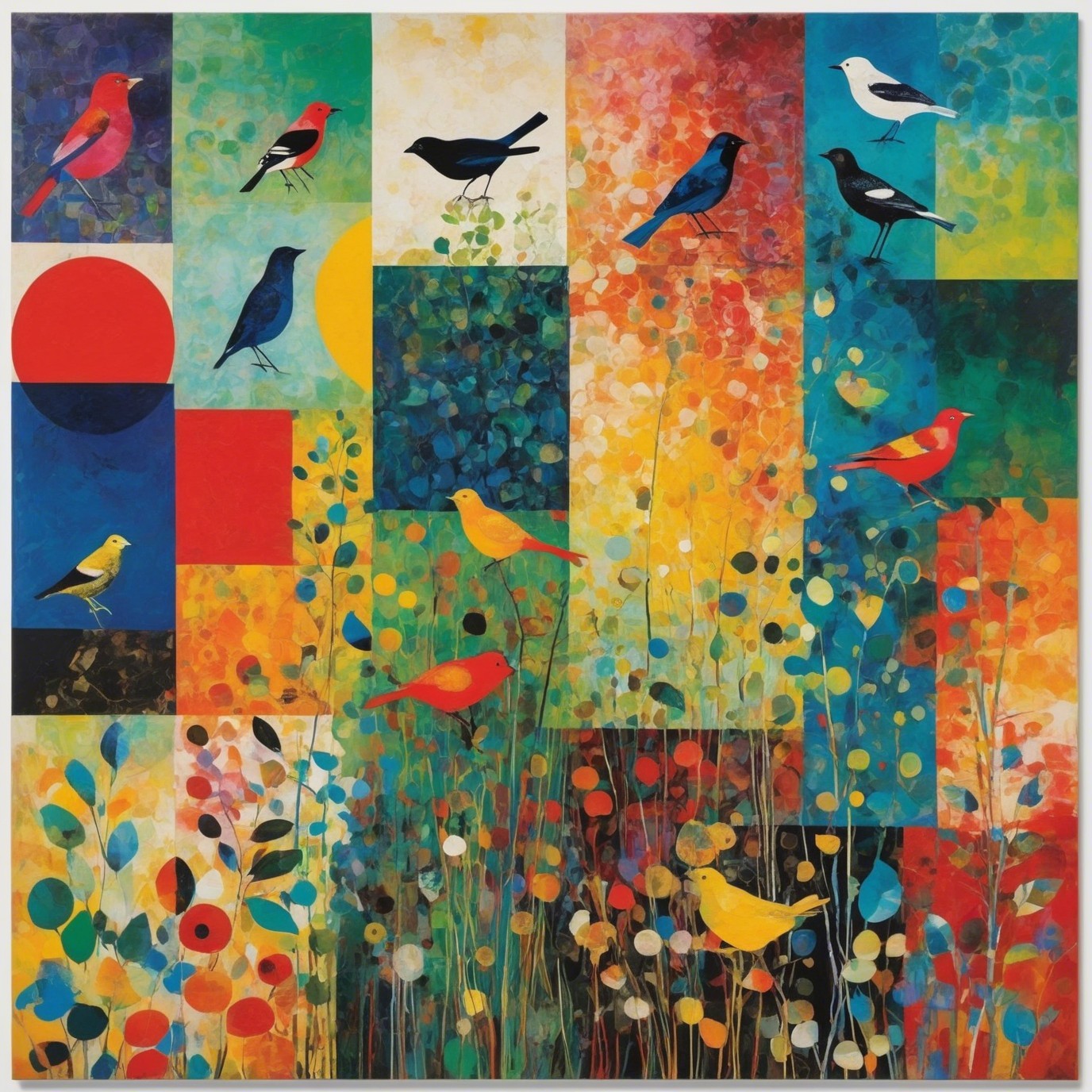 Colorful Abstract Artwork with Patterned Squares and Birds