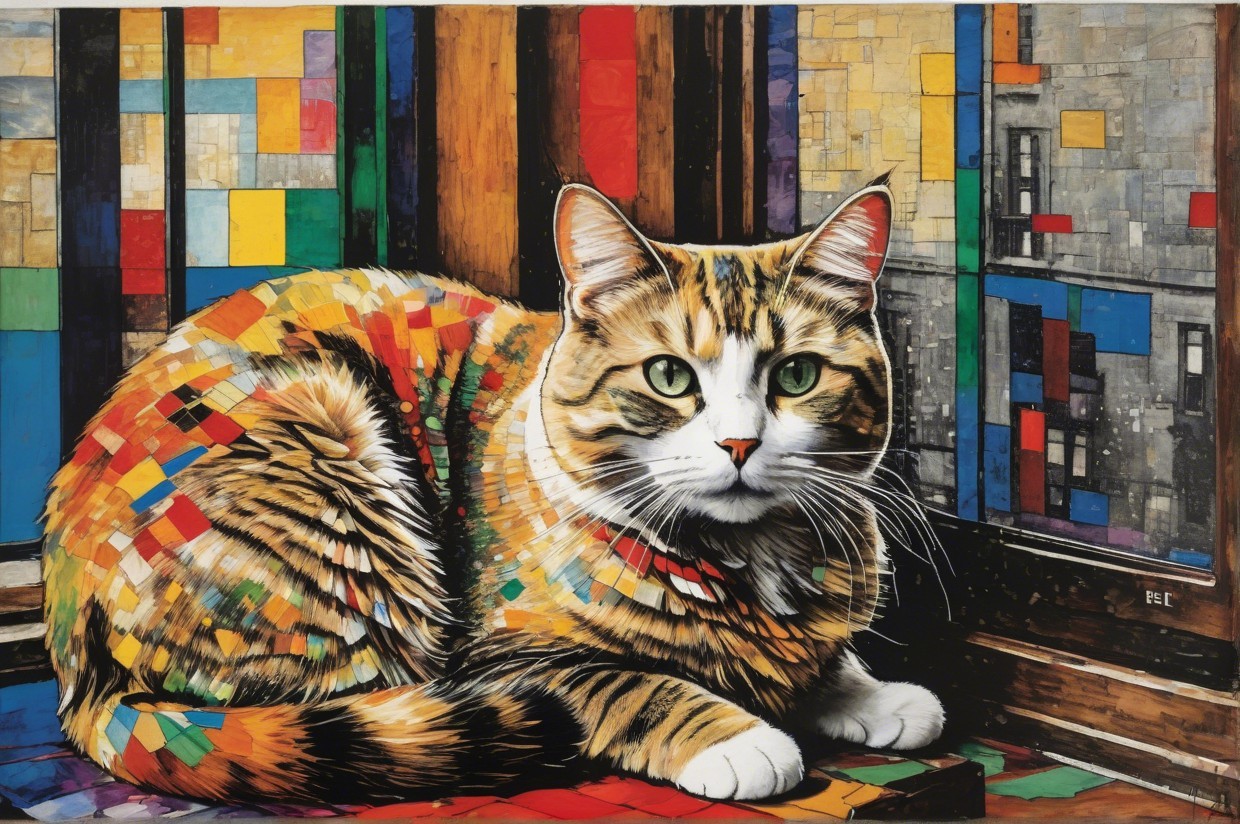 Mosaic Painting of a Tabby Cat by a Window