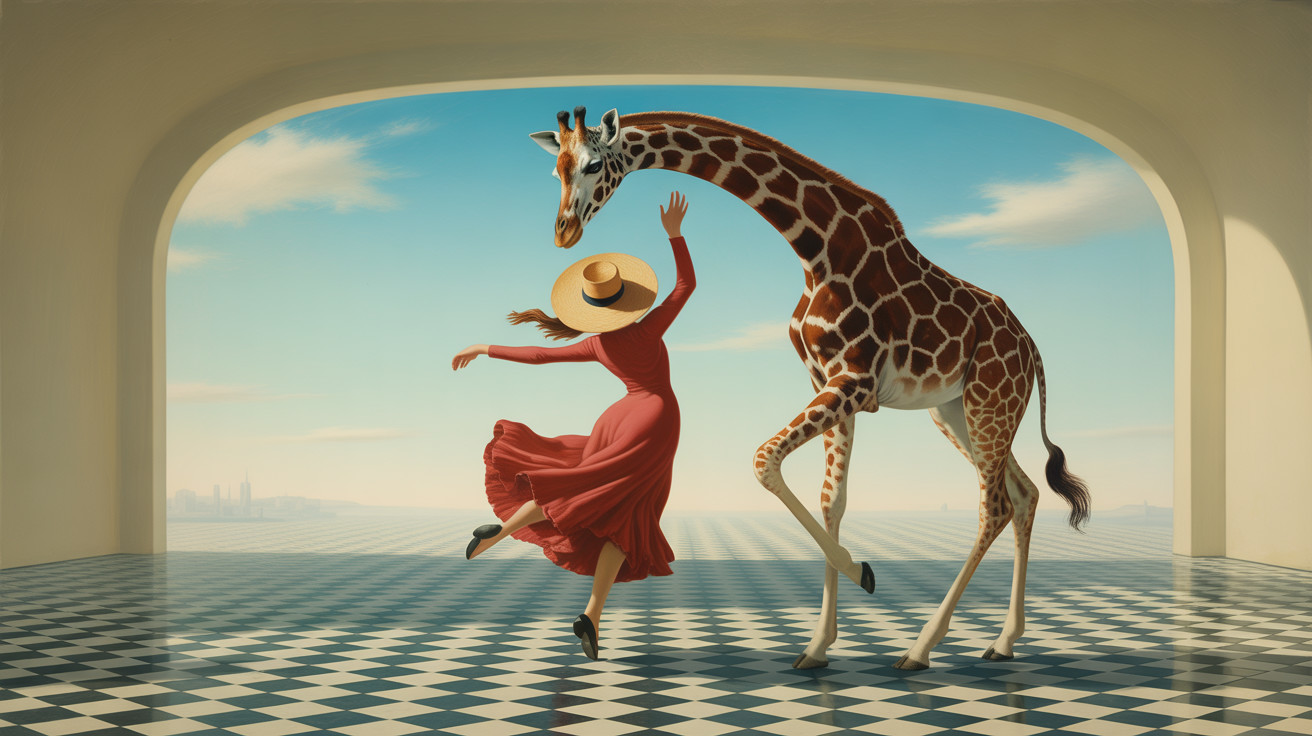 Whimsical Dance of Woman and Giraffe Under Archway