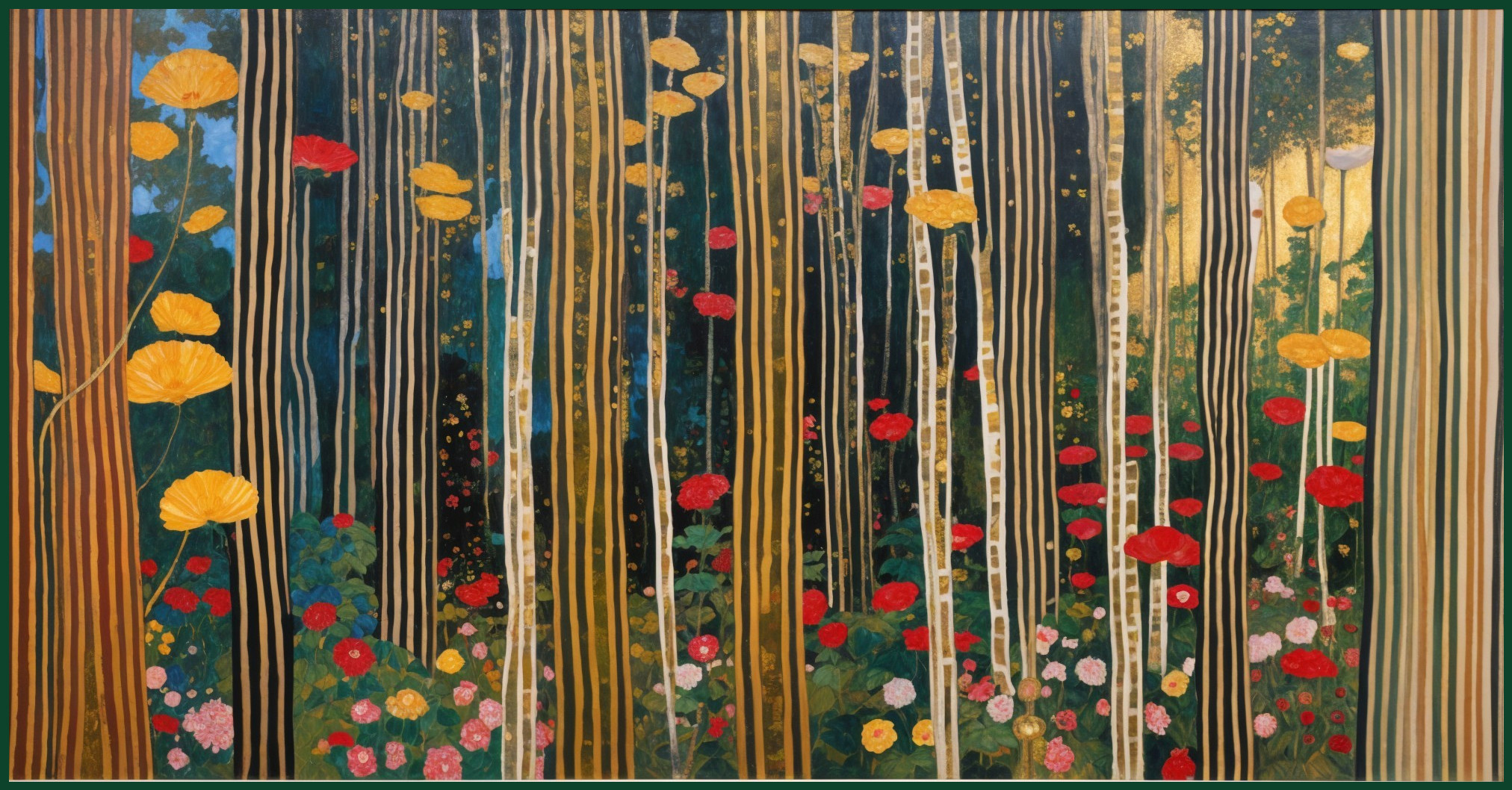 Vibrant forest scene with colorful flowers and trees
