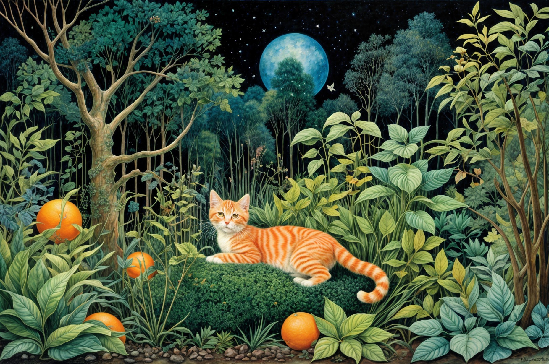 Ginger Tabby Cat in Moonlit Forest with Colorful Fruits