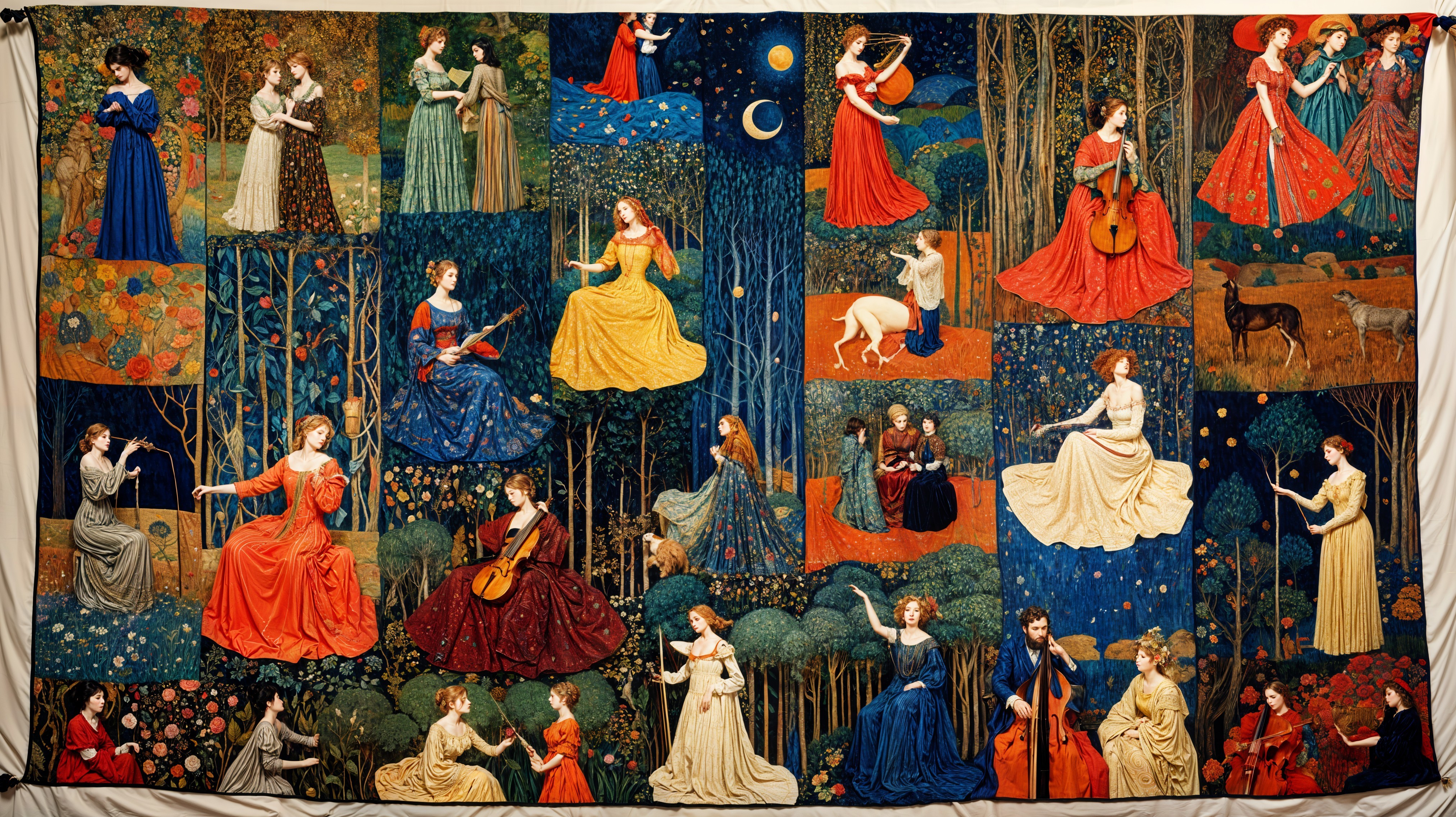 Vibrant Tapestry Depicting Women in Dreamlike Scenes