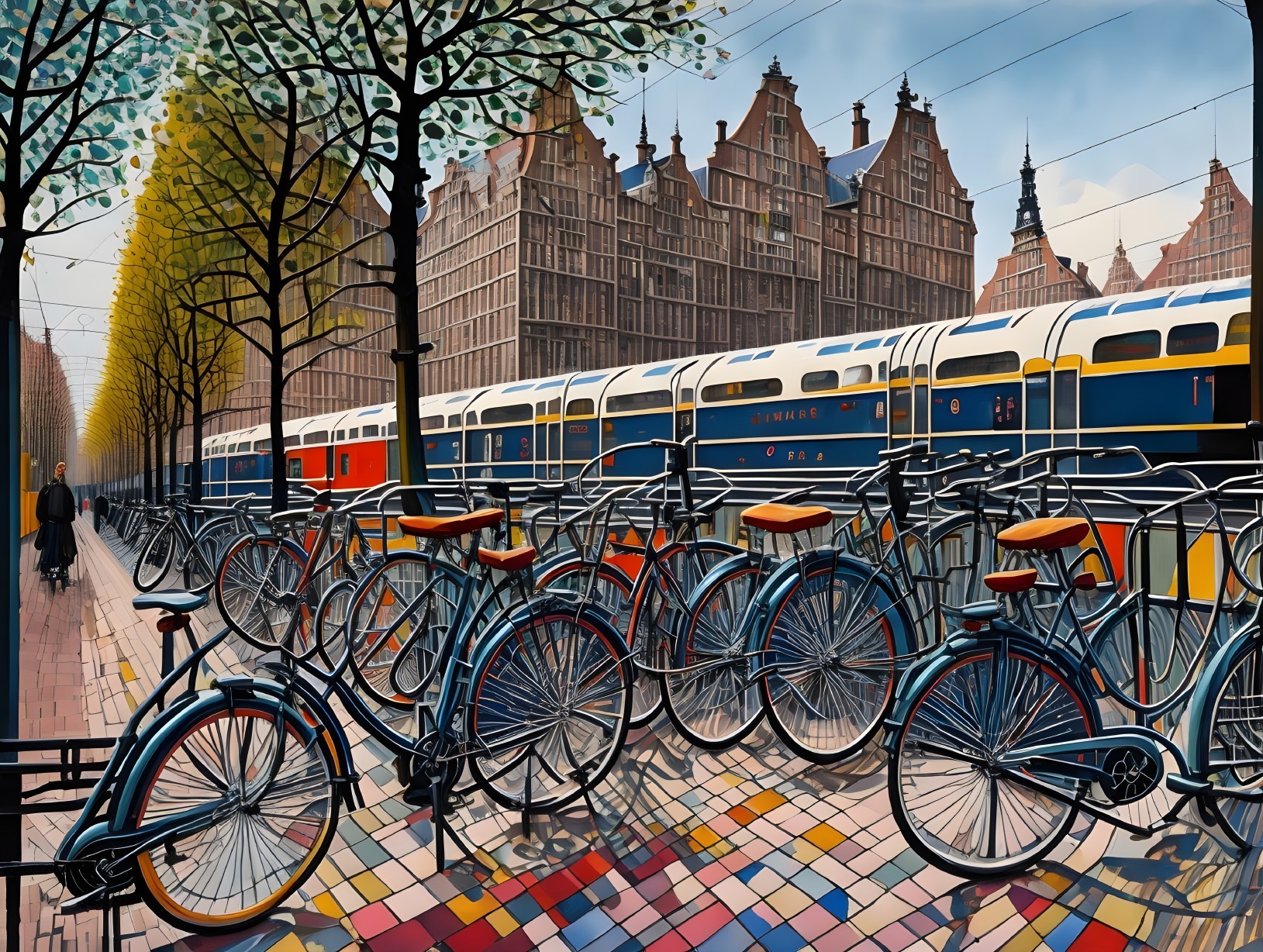Bicycles near rail track with passing trains and traditional architecture.