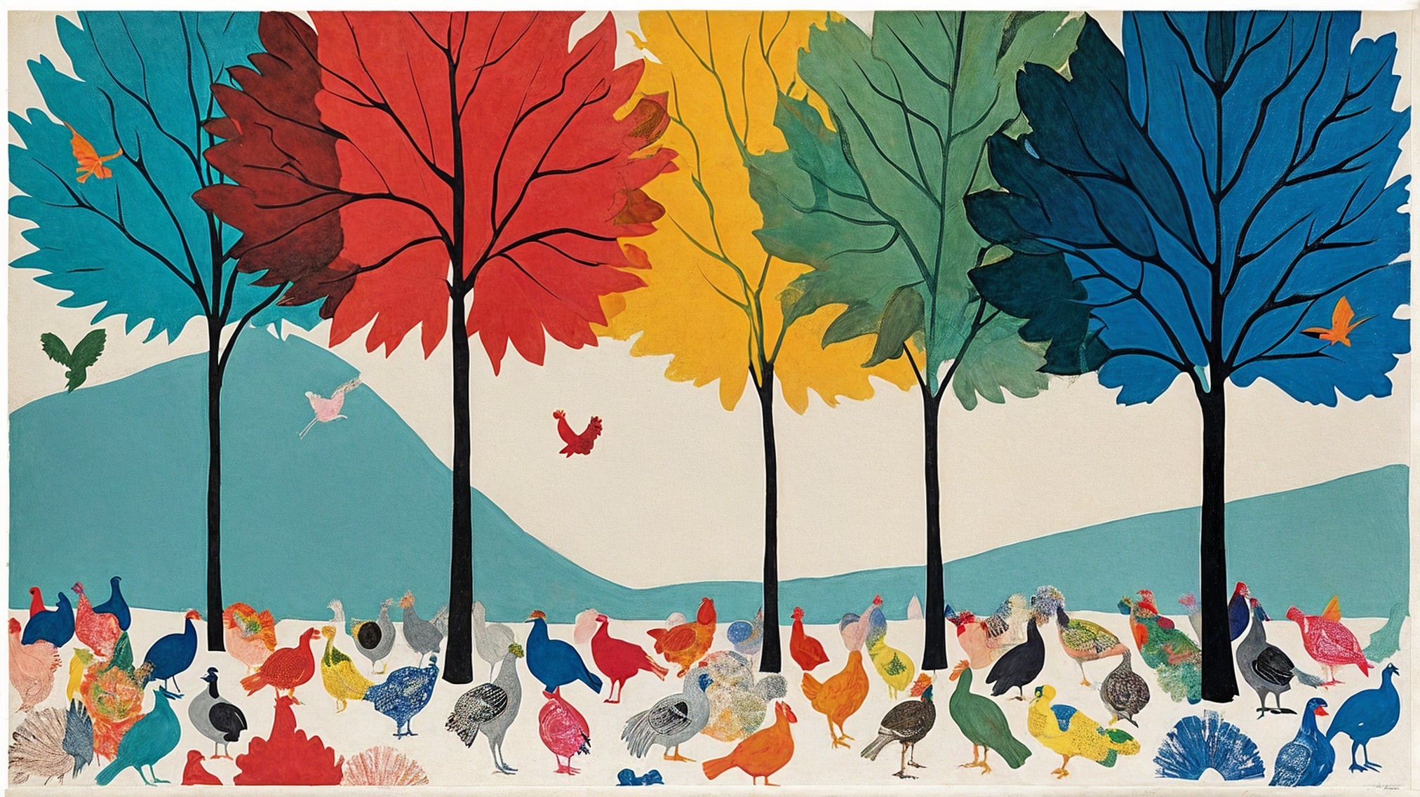 Colorful Landscape with Vibrant Trees and Birds