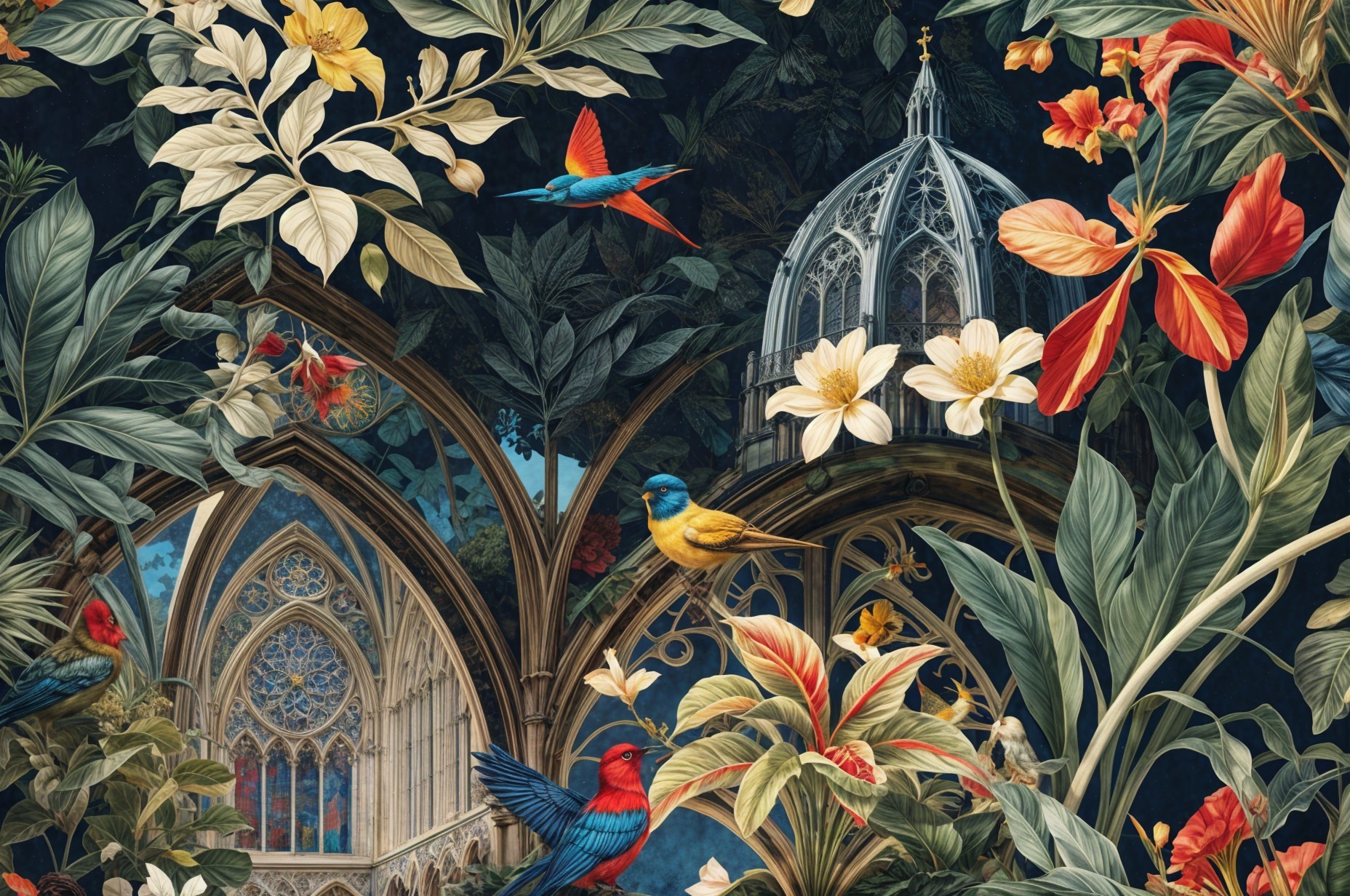 Exotic Plants and Birds in Gothic Architectural Setting
