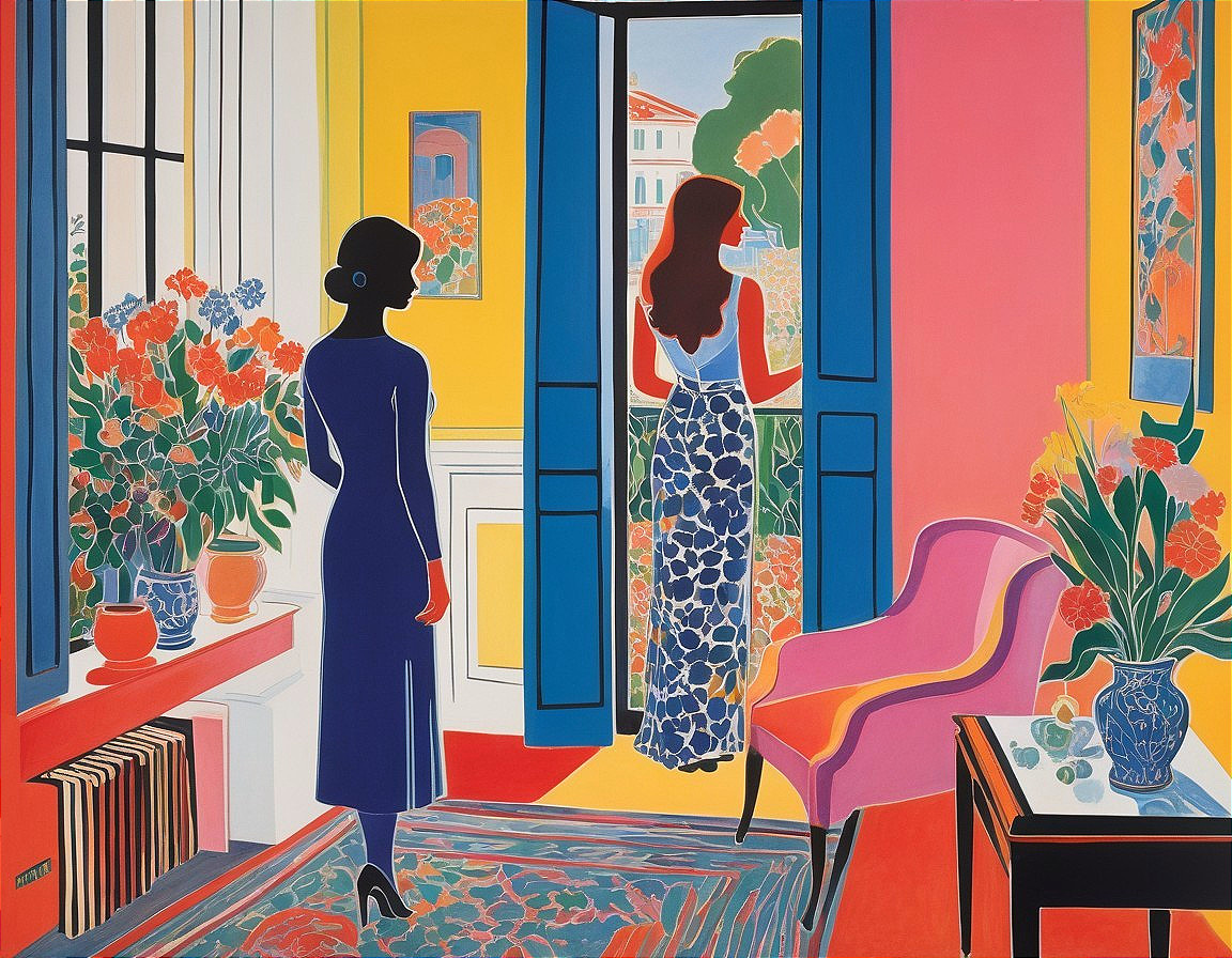 Vibrant Interior Scene with Two Figures and Decor