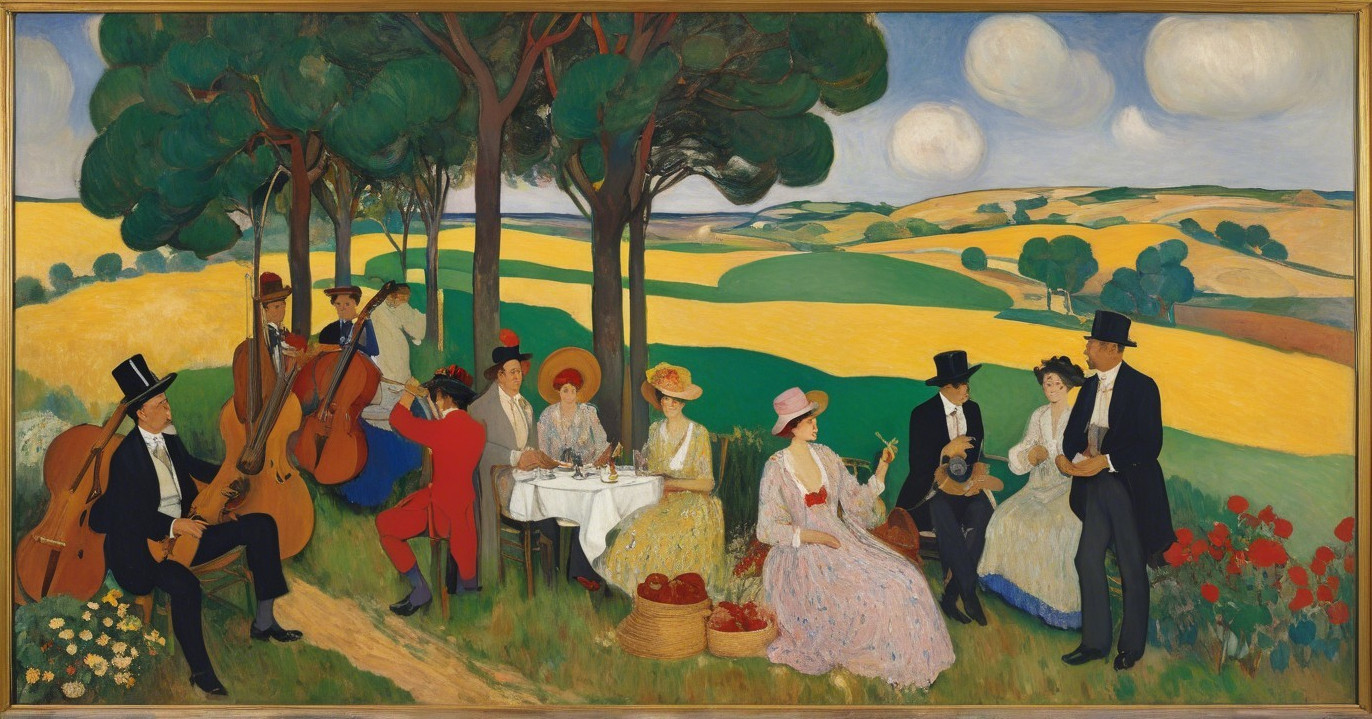 Outdoor Picnic Scene with Musicians in Lush Landscape