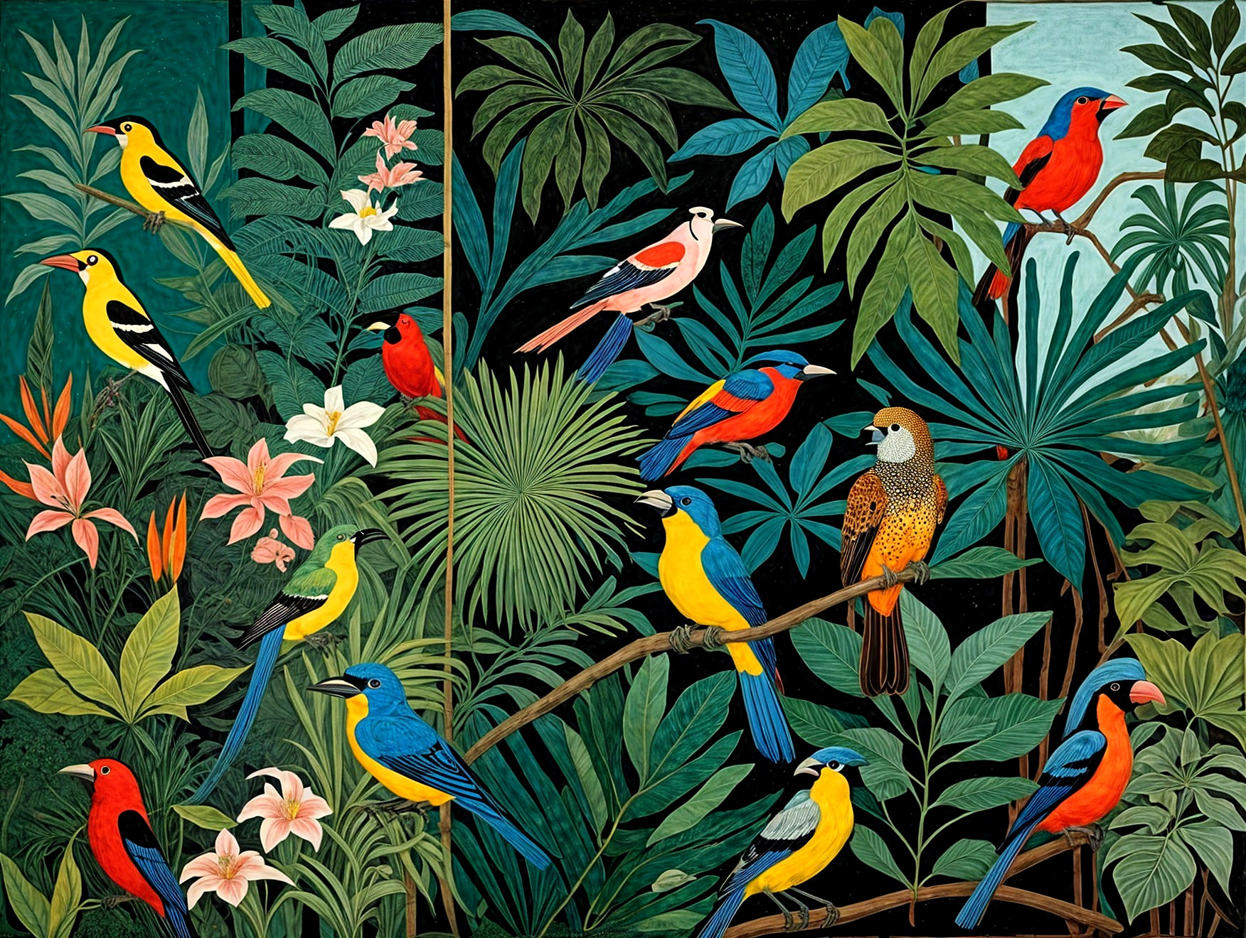 Vibrant Tropical Scene with Colorful Birds and Foliage