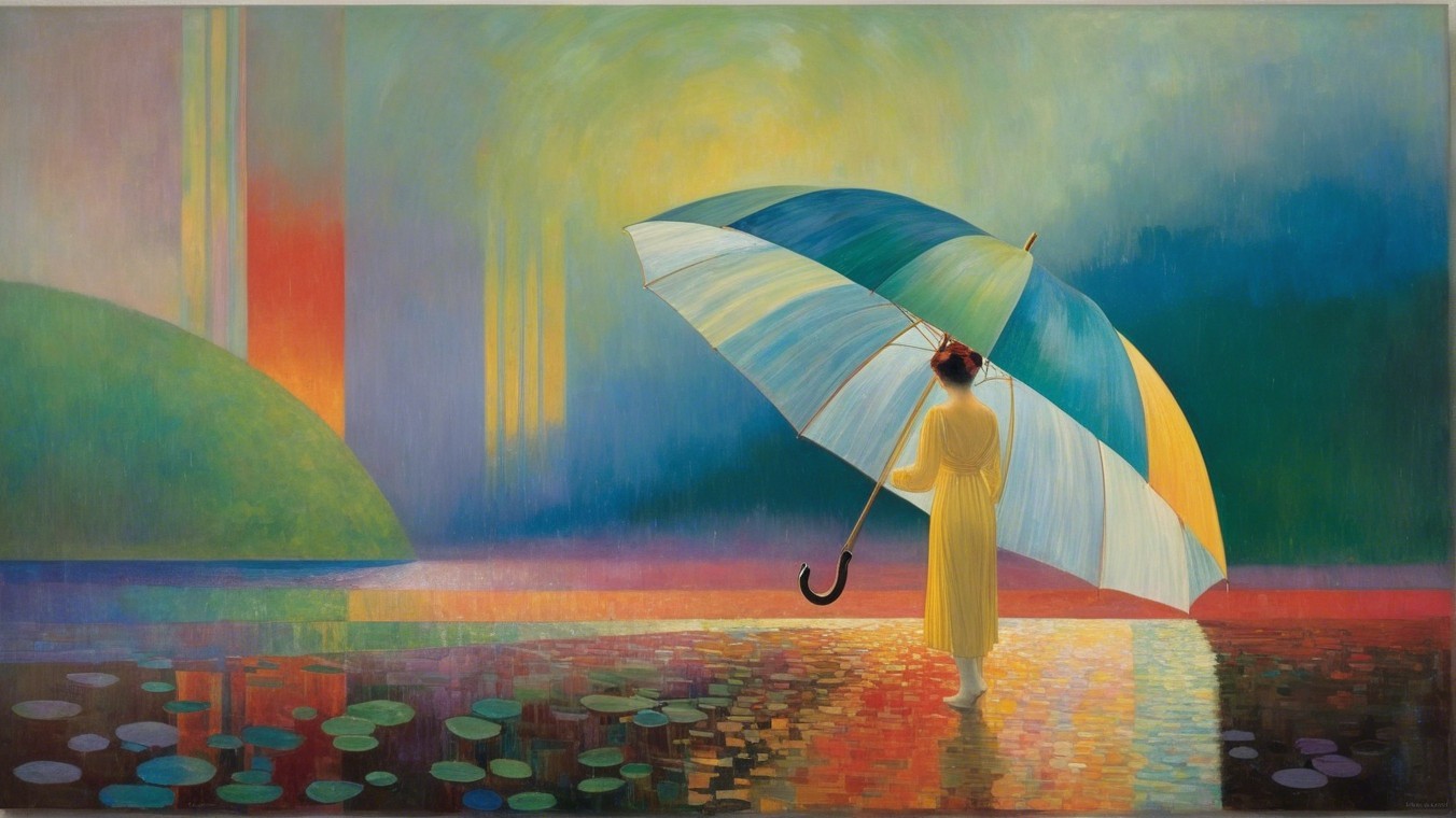 Figure in Yellow Dress in Abstract Landscape with Umbrella