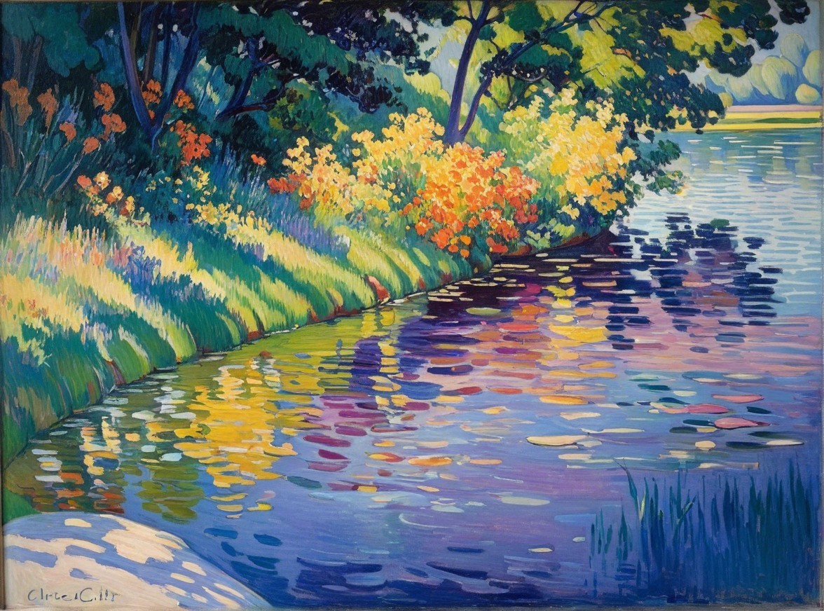 Vibrant Landscape Painting of a Serene Riverbank