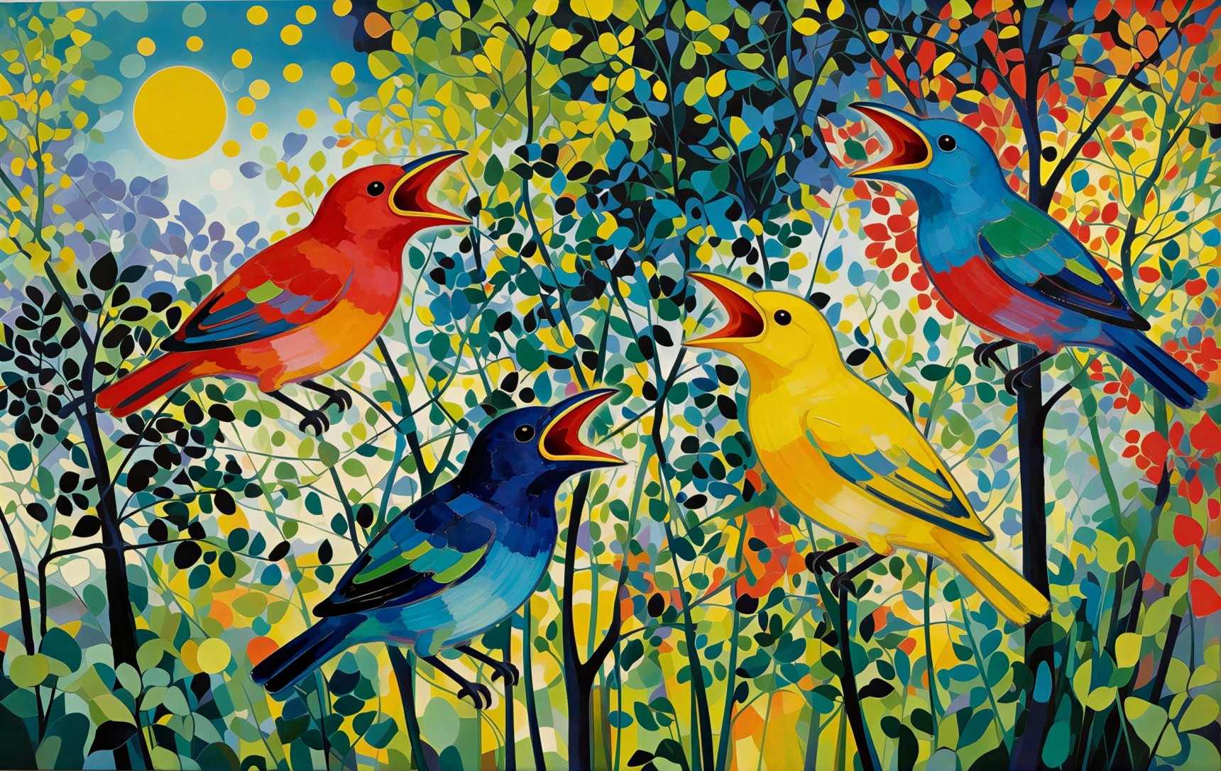 Vibrant Birds in a Colorful Forest Setting
