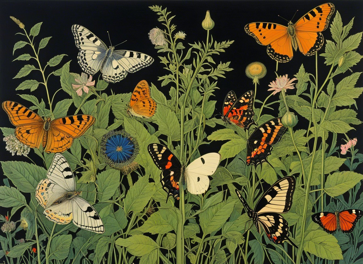 Vibrant Butterflies Among Green Foliage and Wildflowers