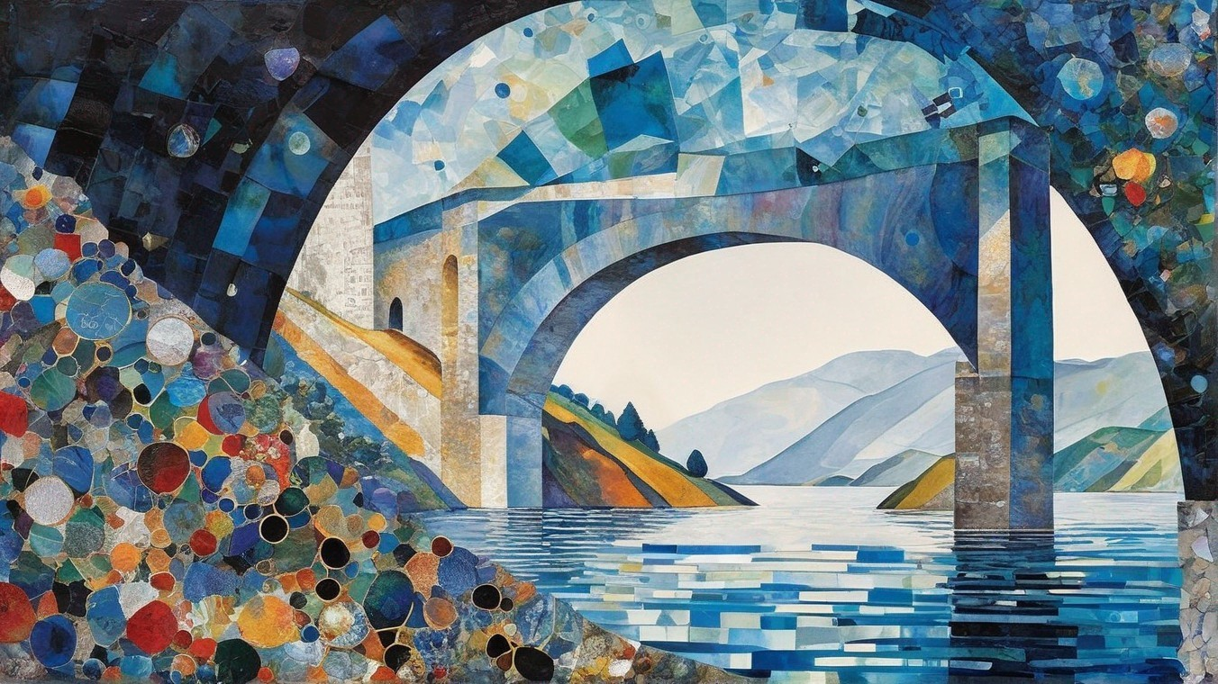 Vibrant Abstract Bridge Over Serene Water Scene