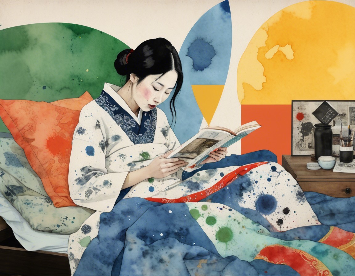 Young Woman Reading in a Colorful Artistic Bedroom