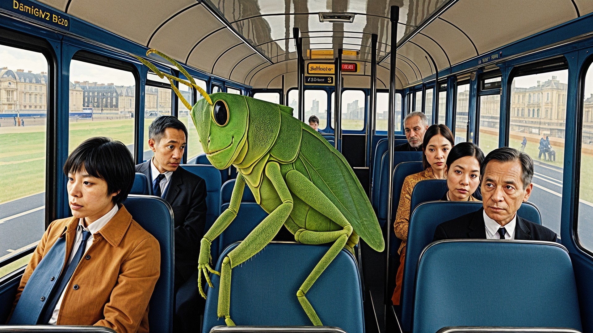 Giant Grasshopper Among Passengers in Urban Bus Scene