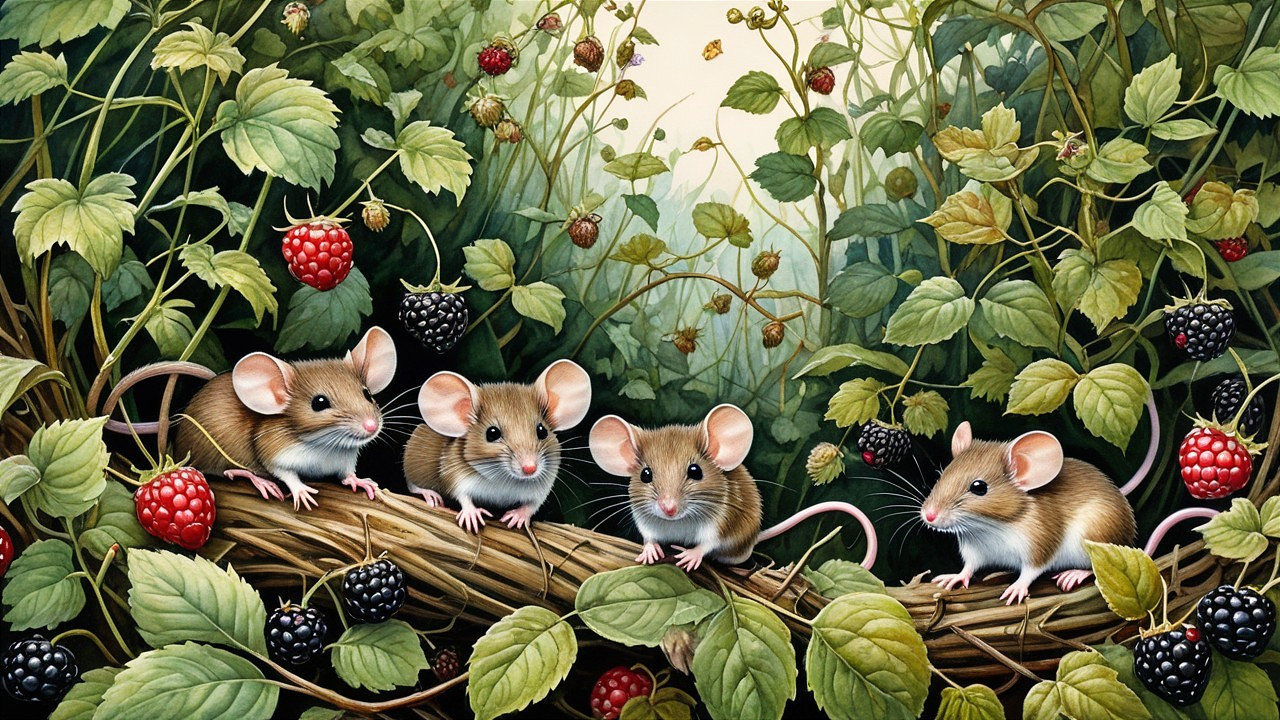 Mice Among Blackberry Bushes in a Lush Setting