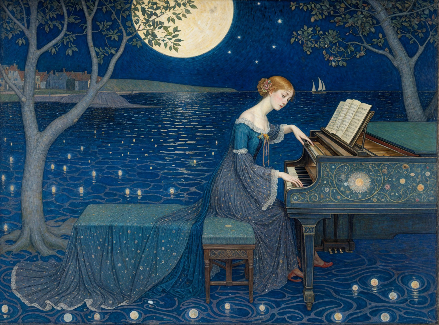Moonlit Piano Performance by a Tranquil Lake