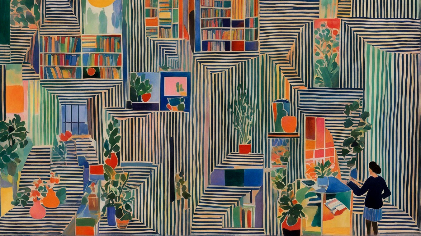 Surreal Interior Scene with Striped Walls and Plants