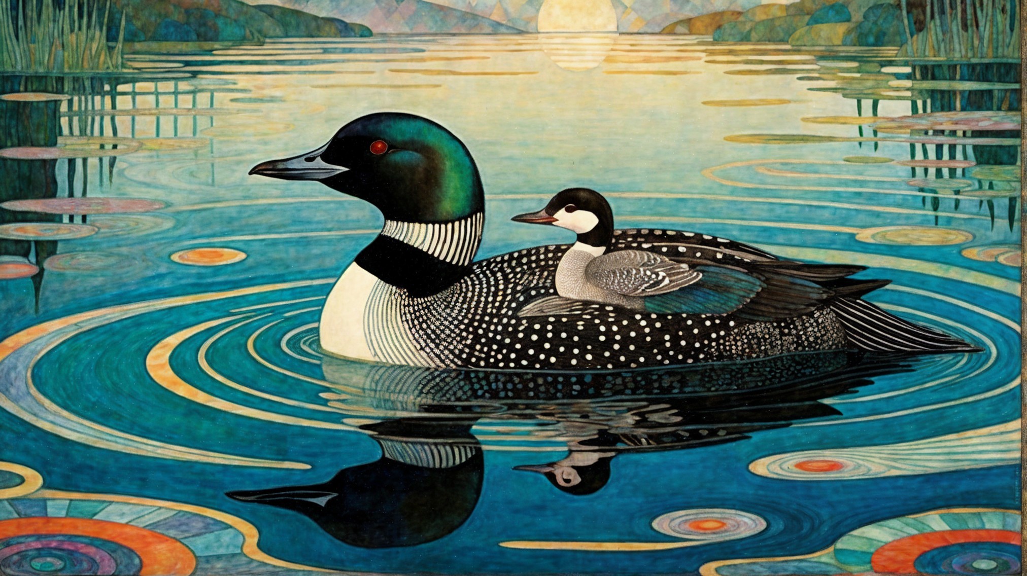 Colorful Loon and Chick on a Serene Lake Scene