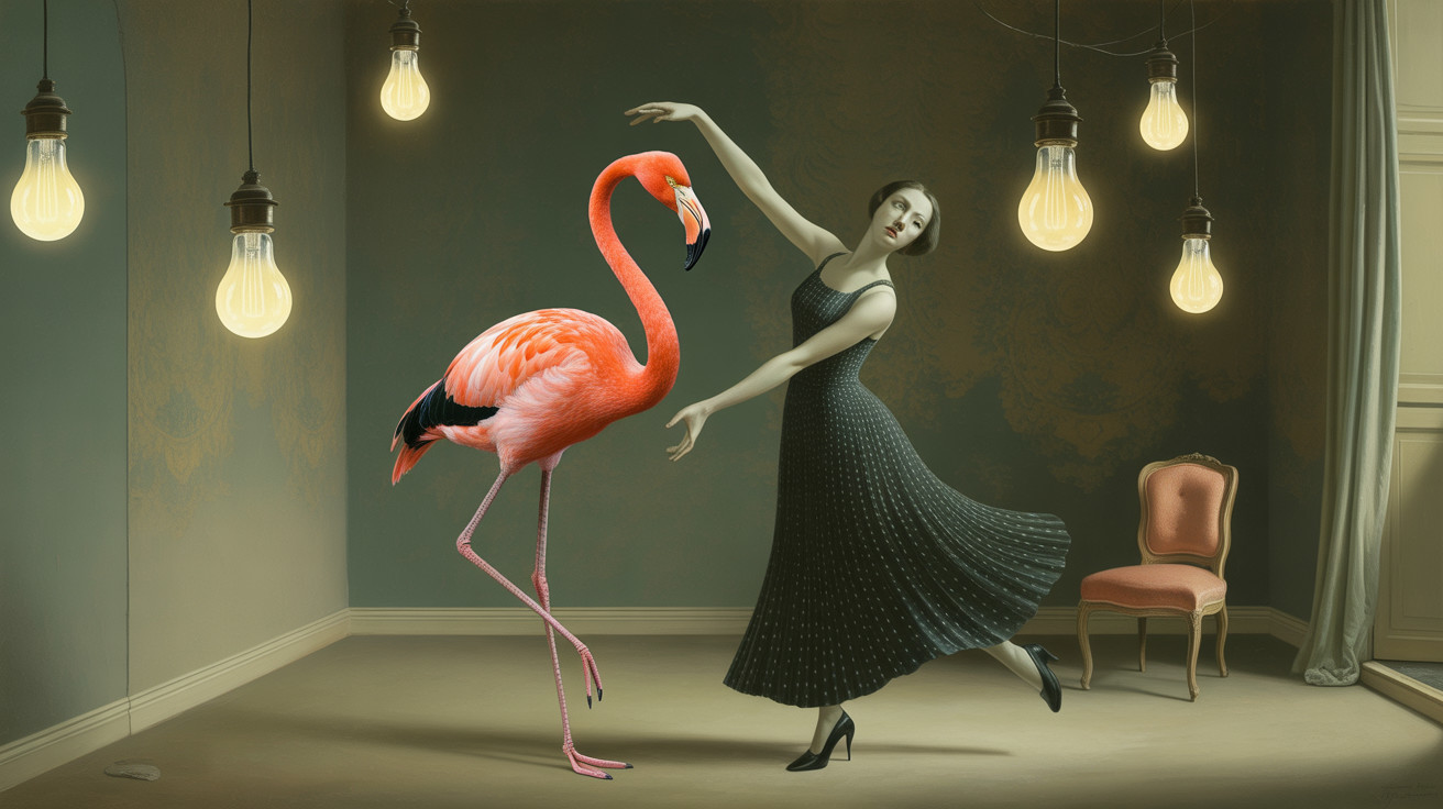 Dancer in Vintage Black Dress with Pink Flamingo