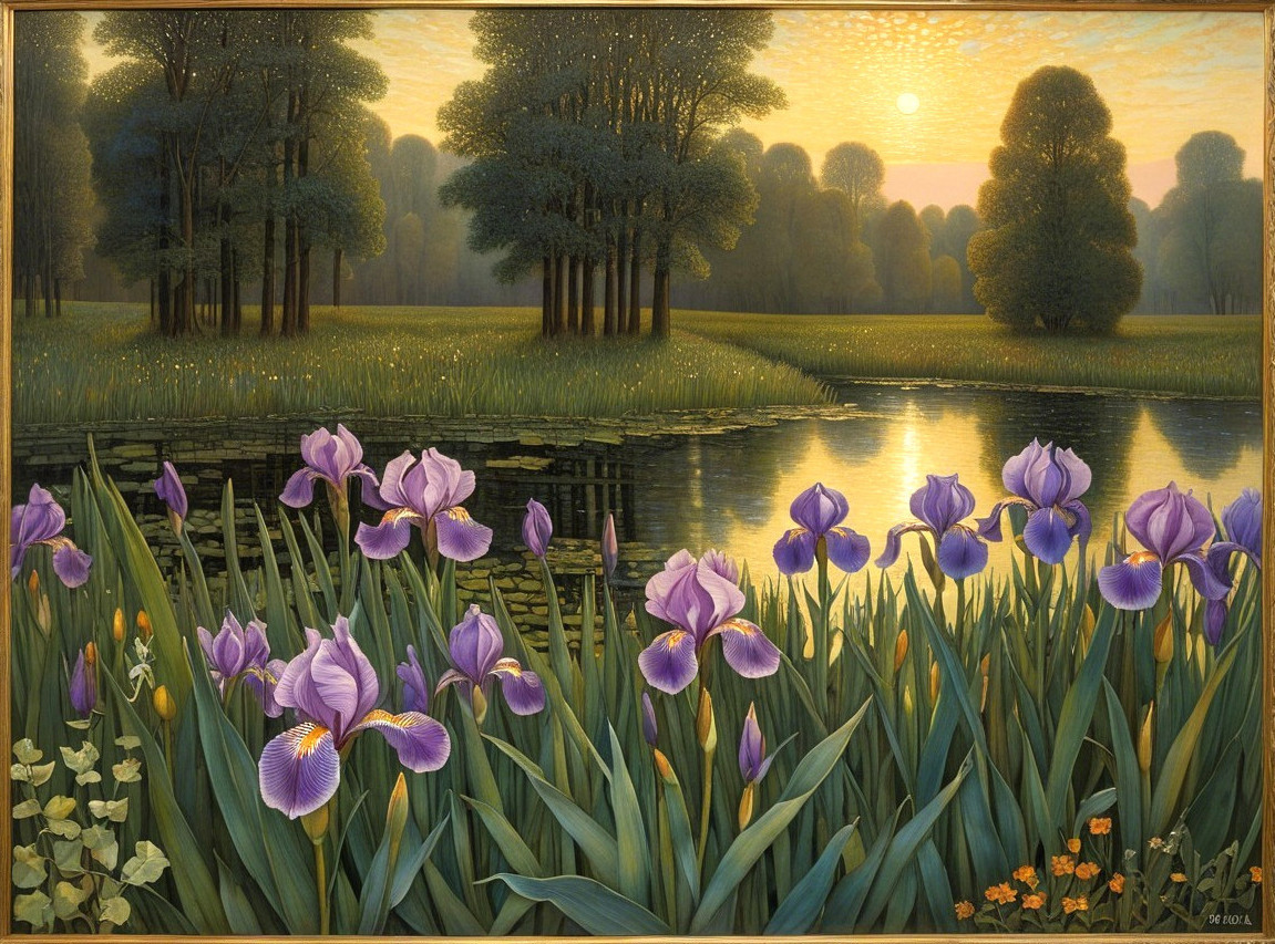 Serene Landscape with Purple Irises and Calm Pond
