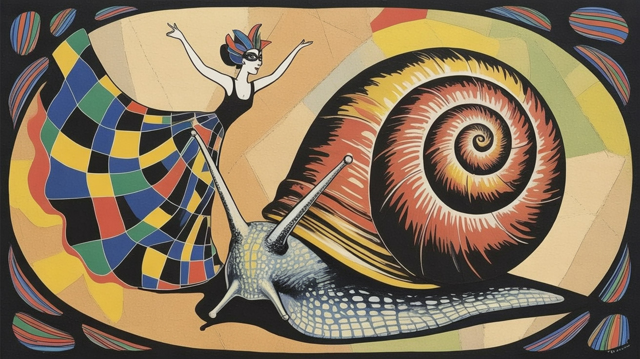 Whimsical Artwork of Snail and Dancer in Colorful Setting