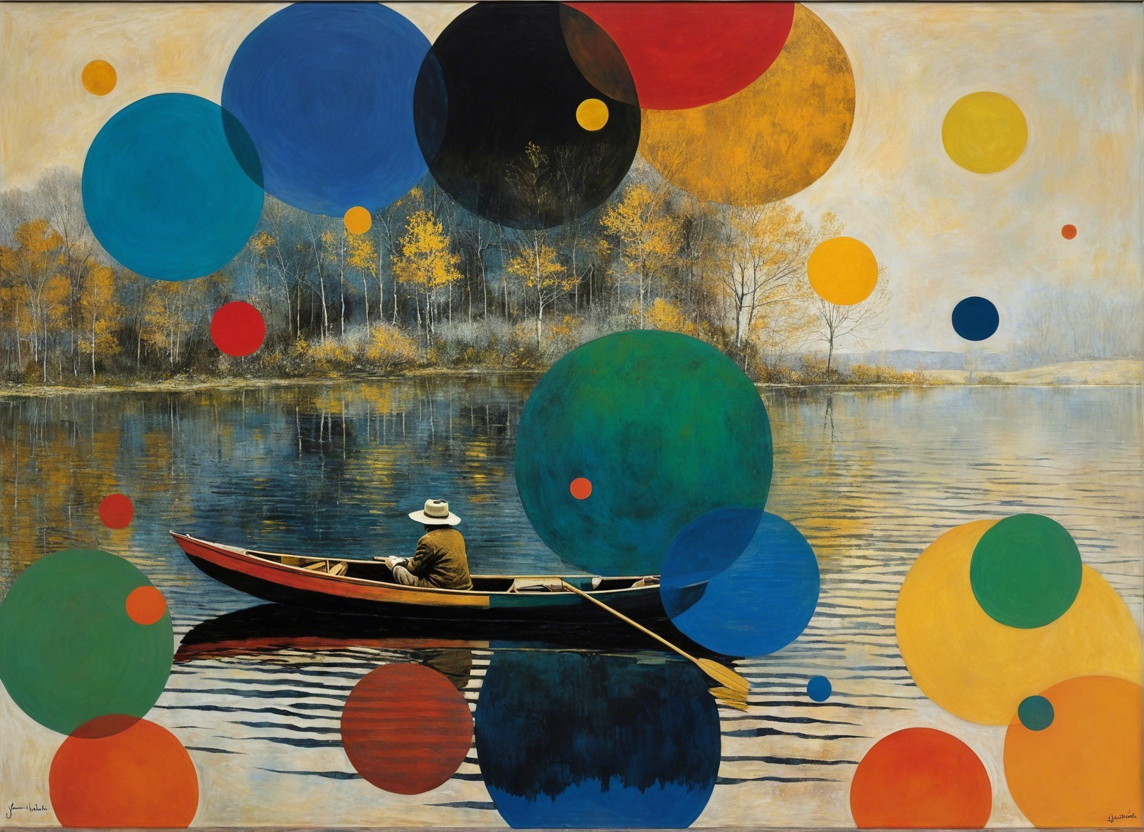 Oil Painting of a Man Rowing in a Canoe on a Lake