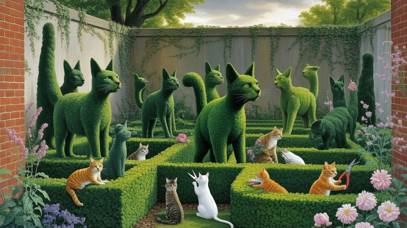Whimsical Garden with Topiary Cats and Real Cats