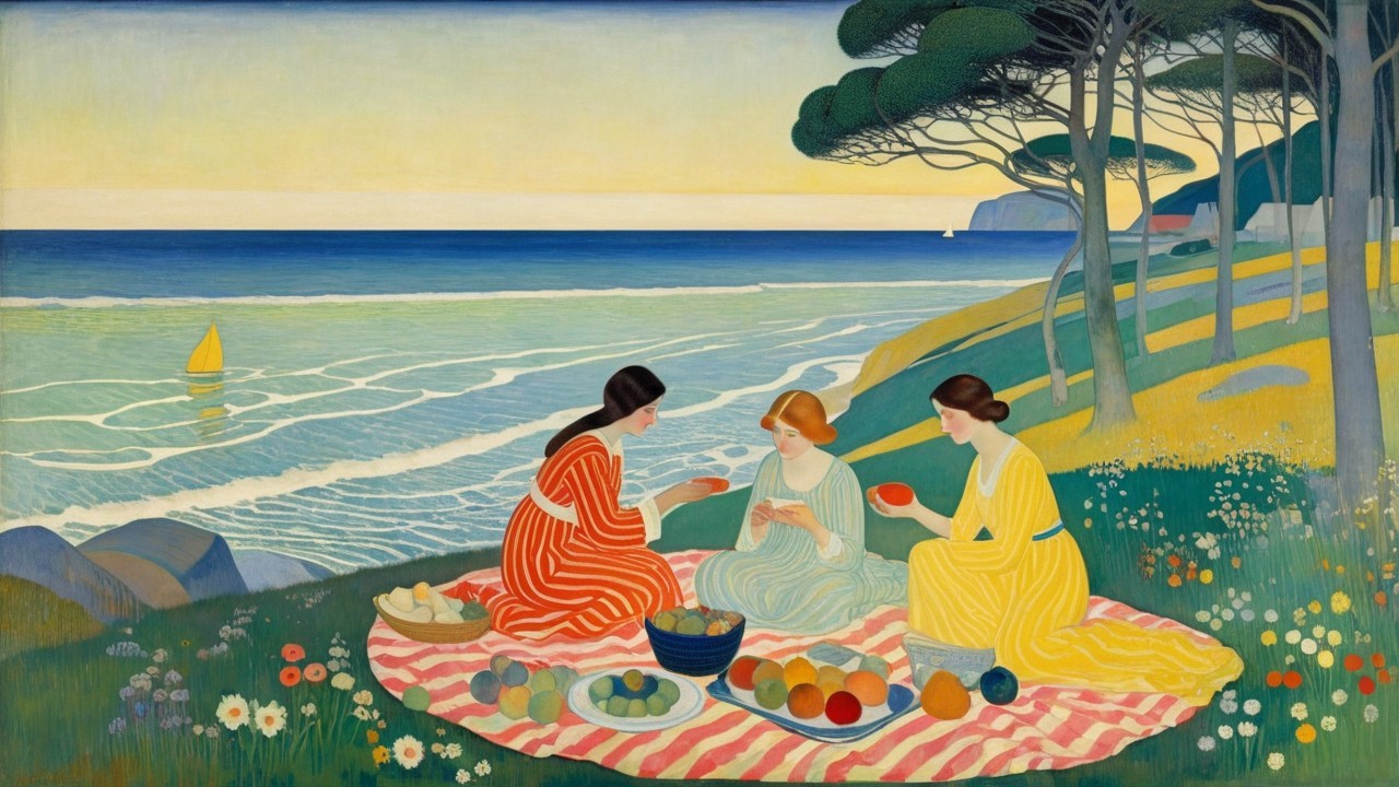 Women in Colorful Dresses Picnic by the Seaside