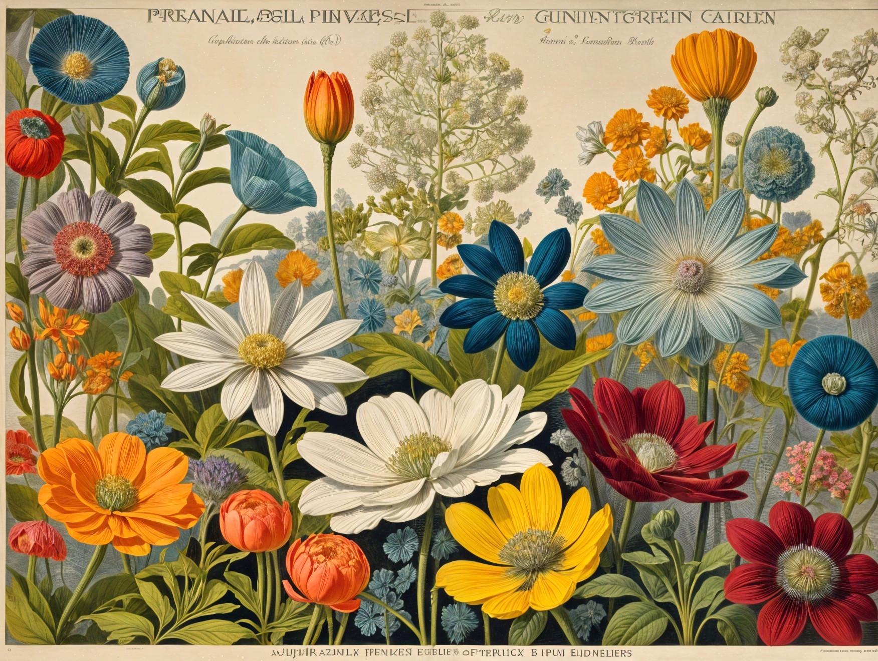 Vibrant Floral Illustration with Diverse Blooms and Colors