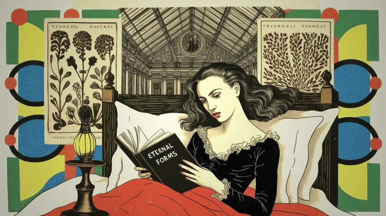Woman in vintage dress reading on a patterned bed