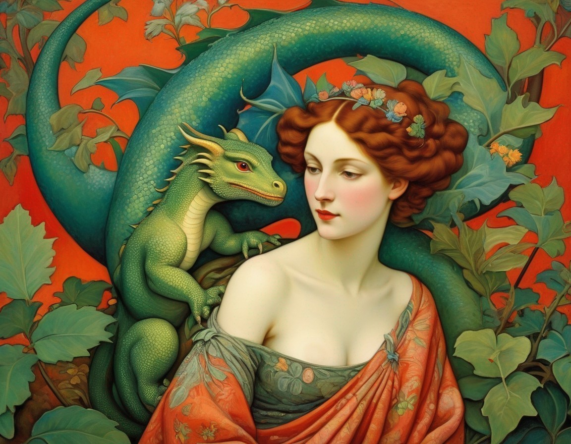 Serene Woman with Dragon in Mystical Setting