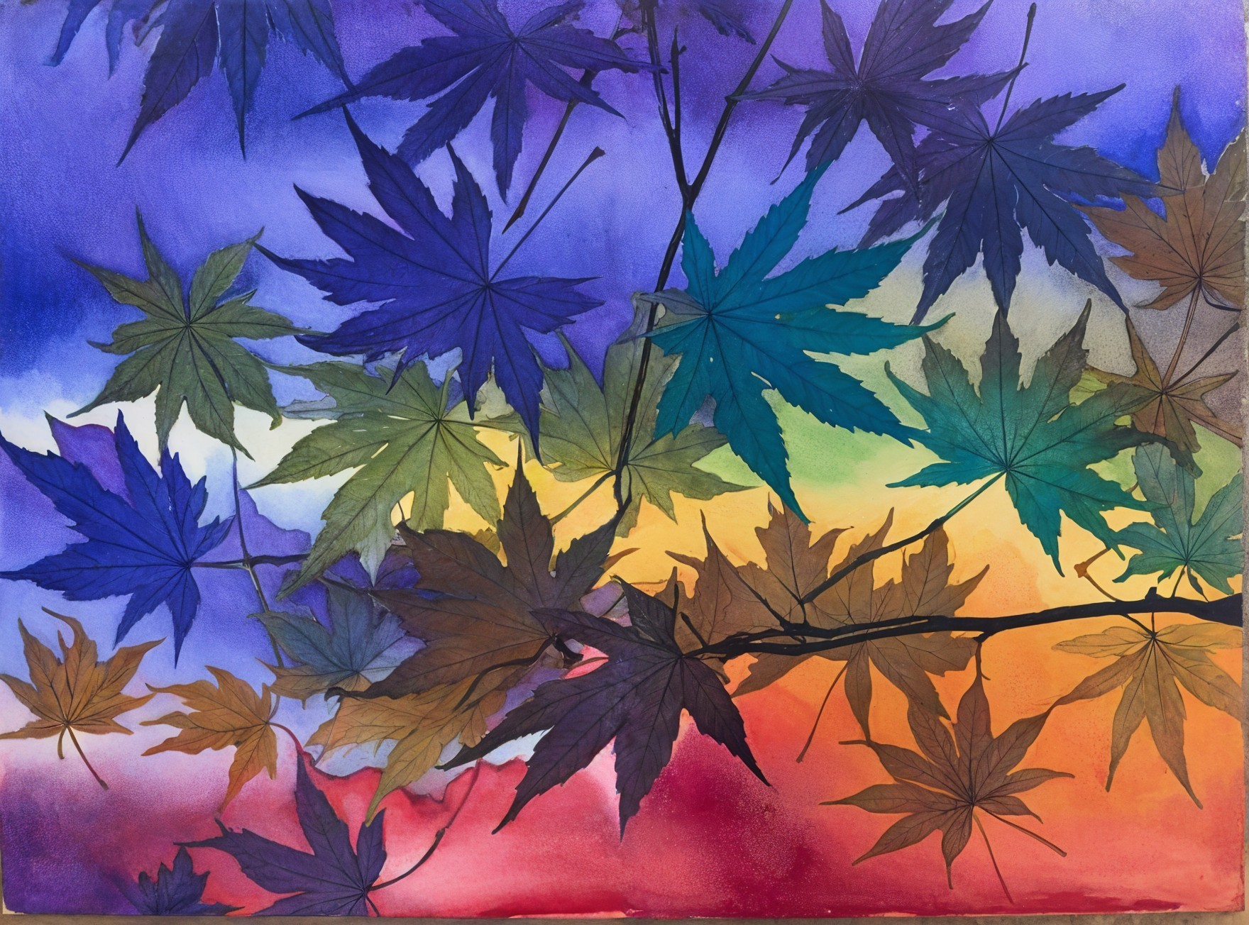 Watercolor Painting of Maple Leaves in Vibrant Colors