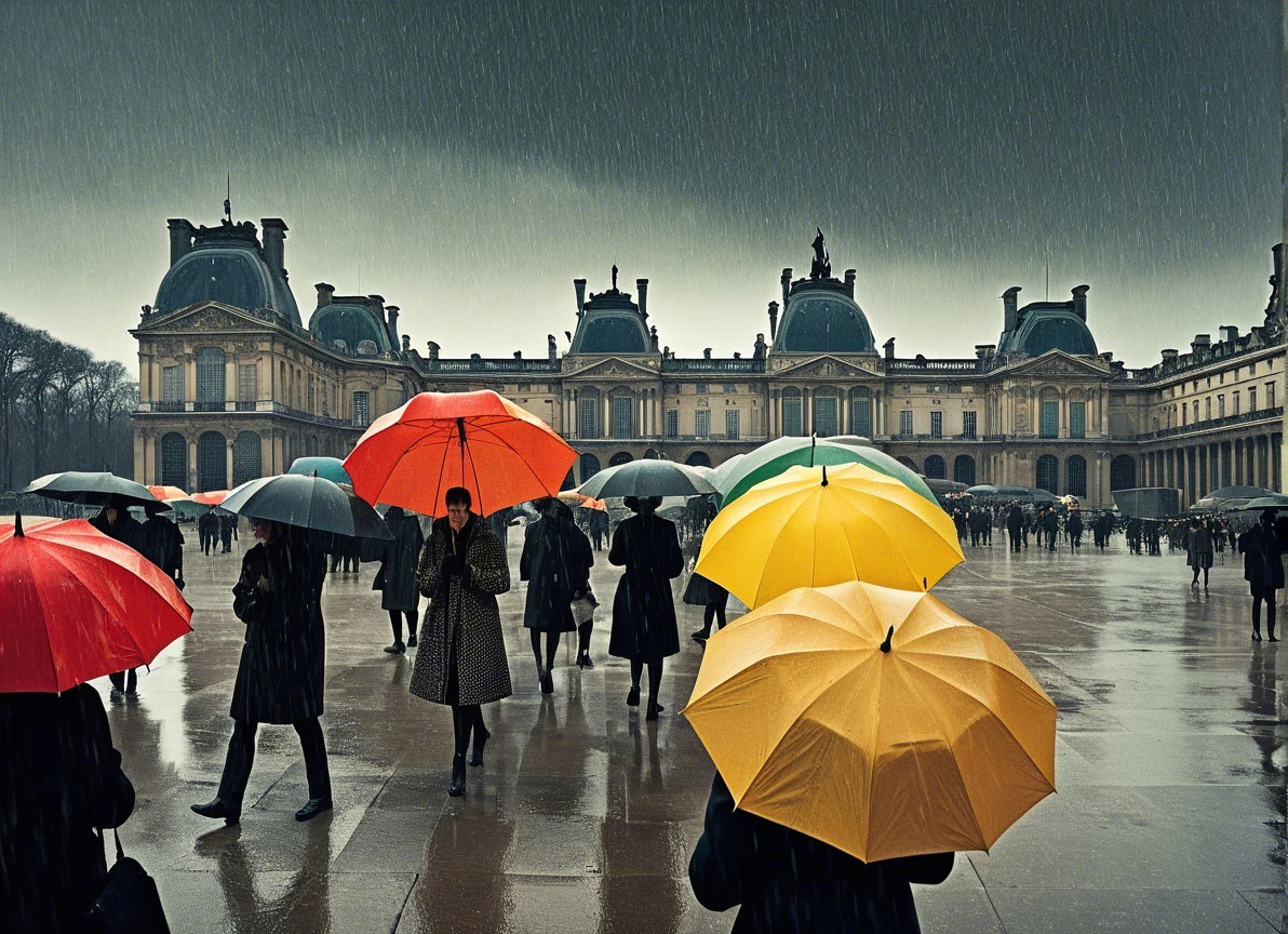 Rainy Day Scene at Historic Building with Umbrellas