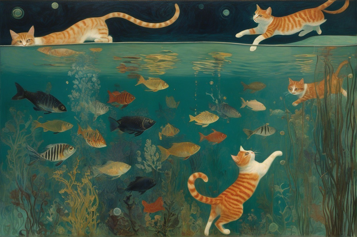 Whimsical Underwater Scene with Cats and Fish