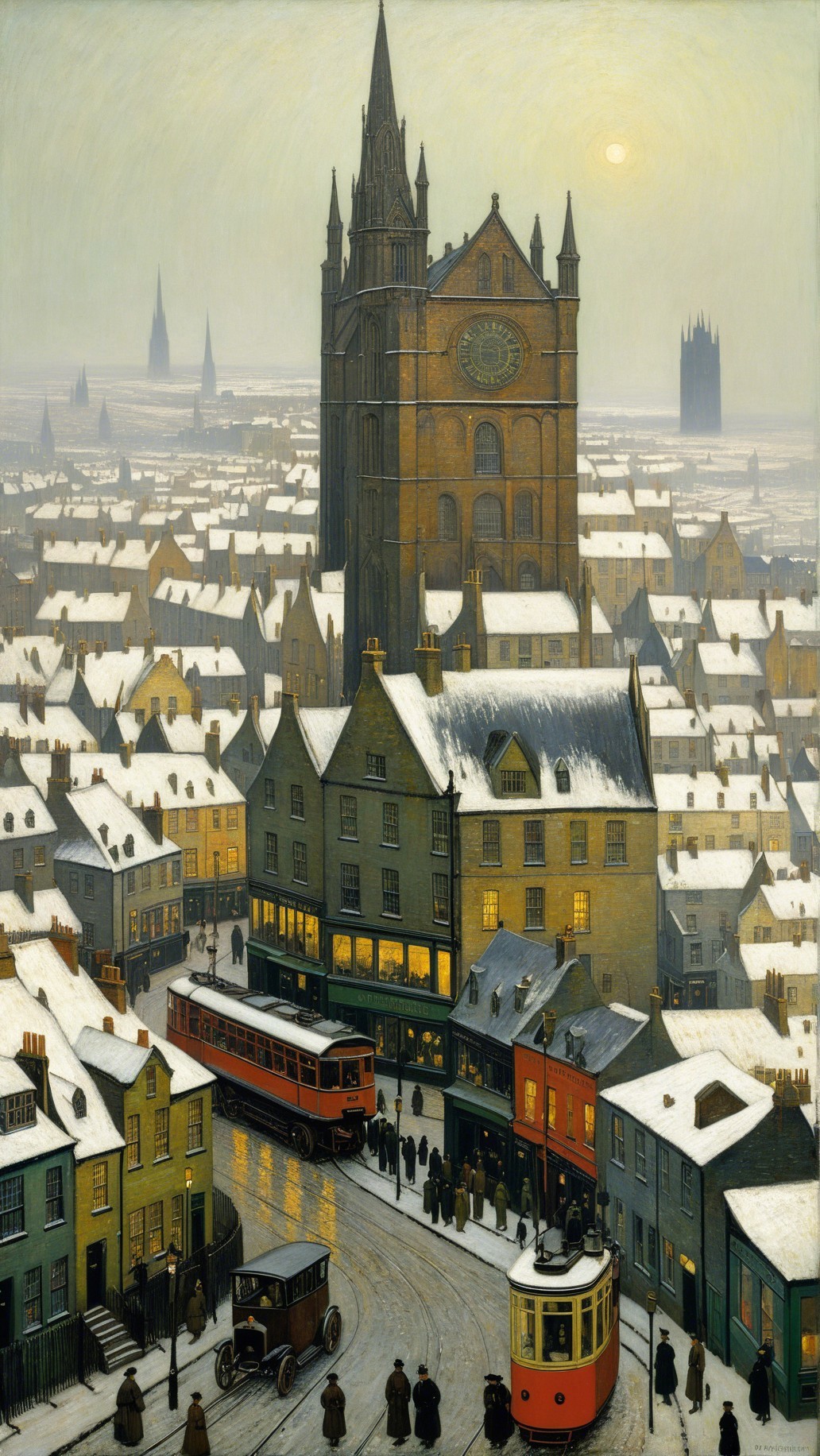 Snowy City Street Scene with Gothic Cathedral Spire