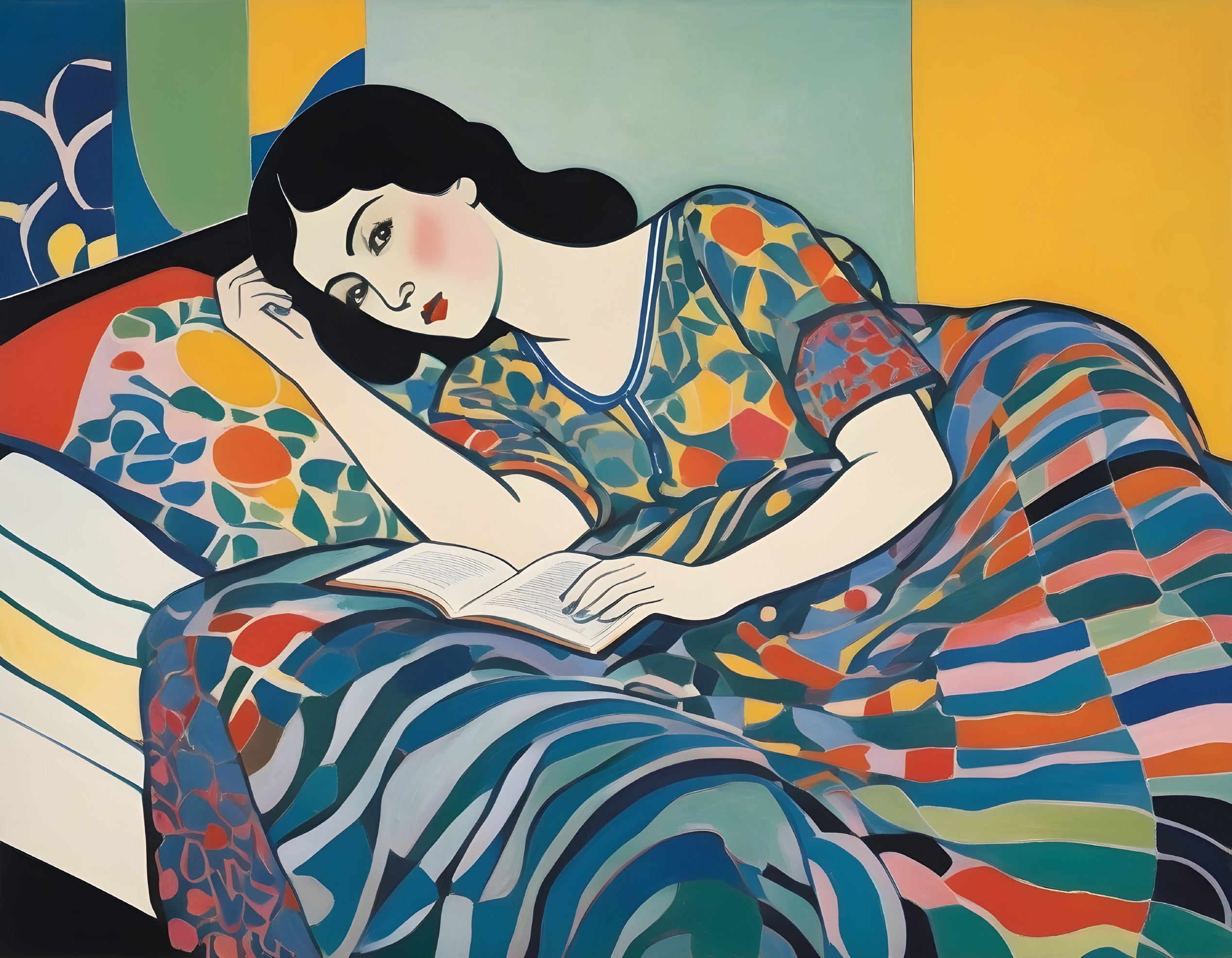 Woman Reading in Colorful Bedroom Setting