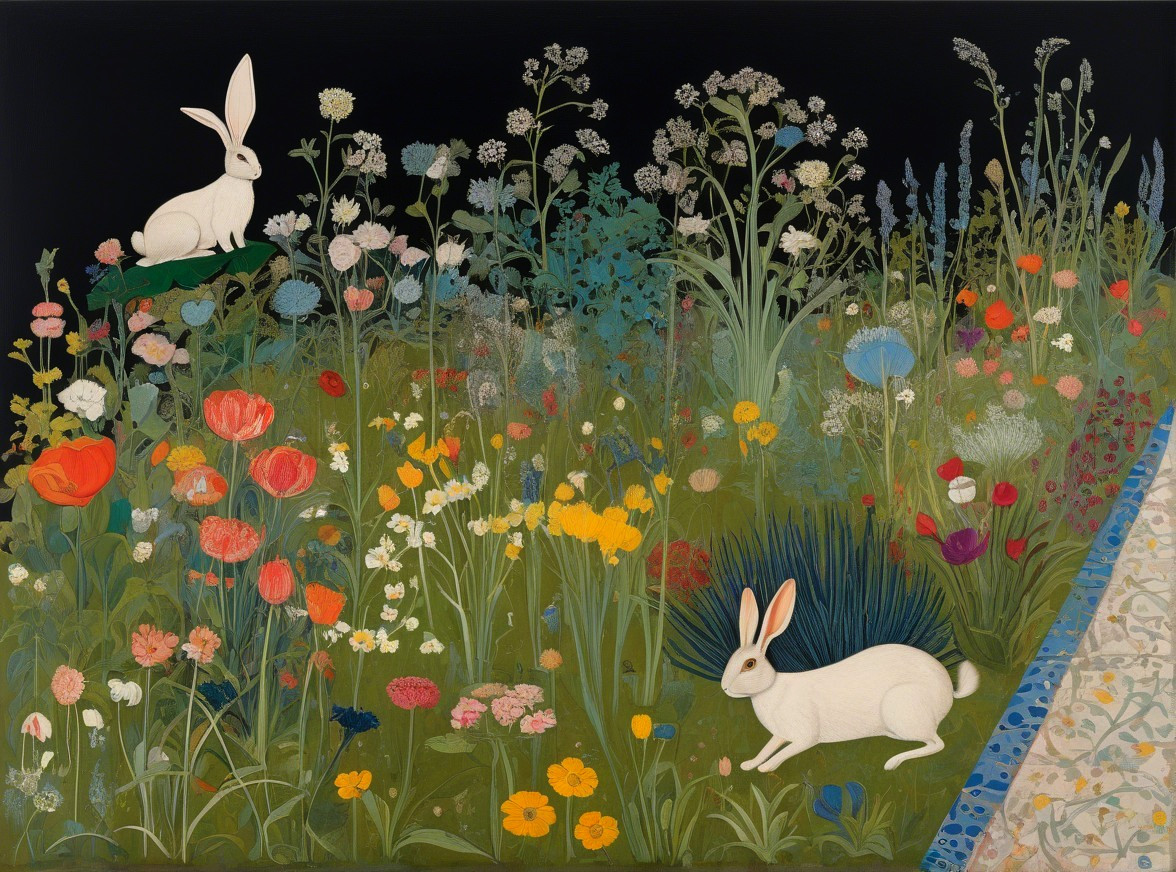 Vibrant Garden Scene with Wildflowers and Rabbits