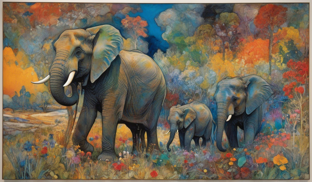 Colorful Painting of Elephants in Blooming Landscape