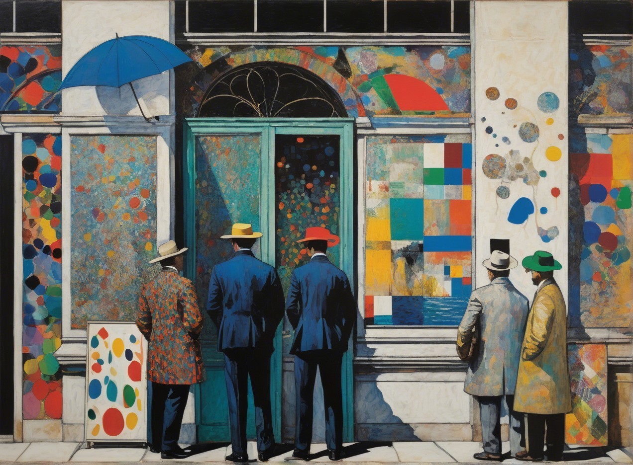 Whimsical Painting of Dapper Men Admiring Art