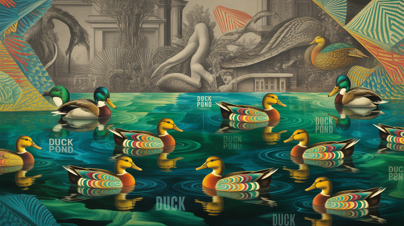 Vibrant Pond Scene with Colorful Ducks and Patterns