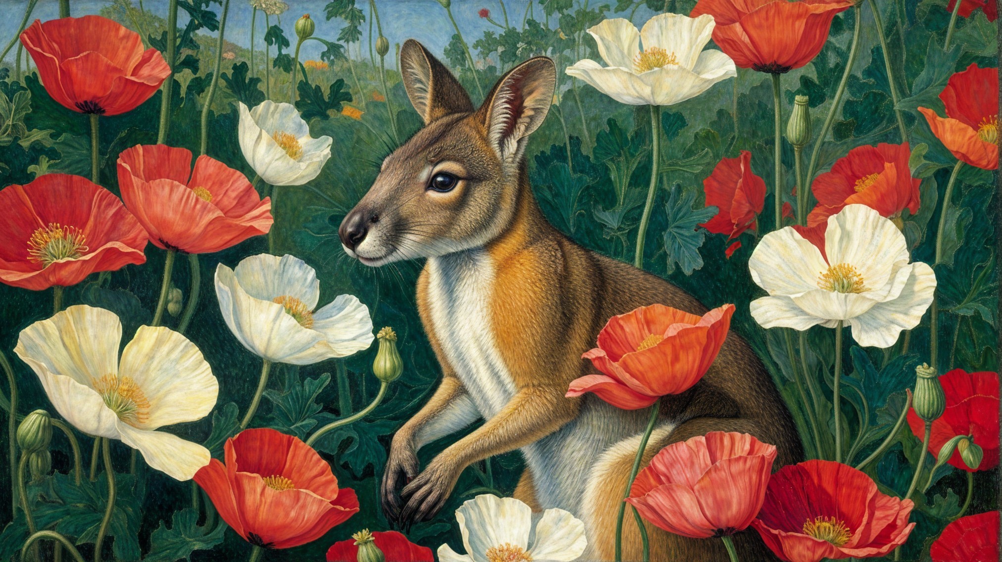 Wallaby Among Vibrant Poppy Flowers in Nature Scene