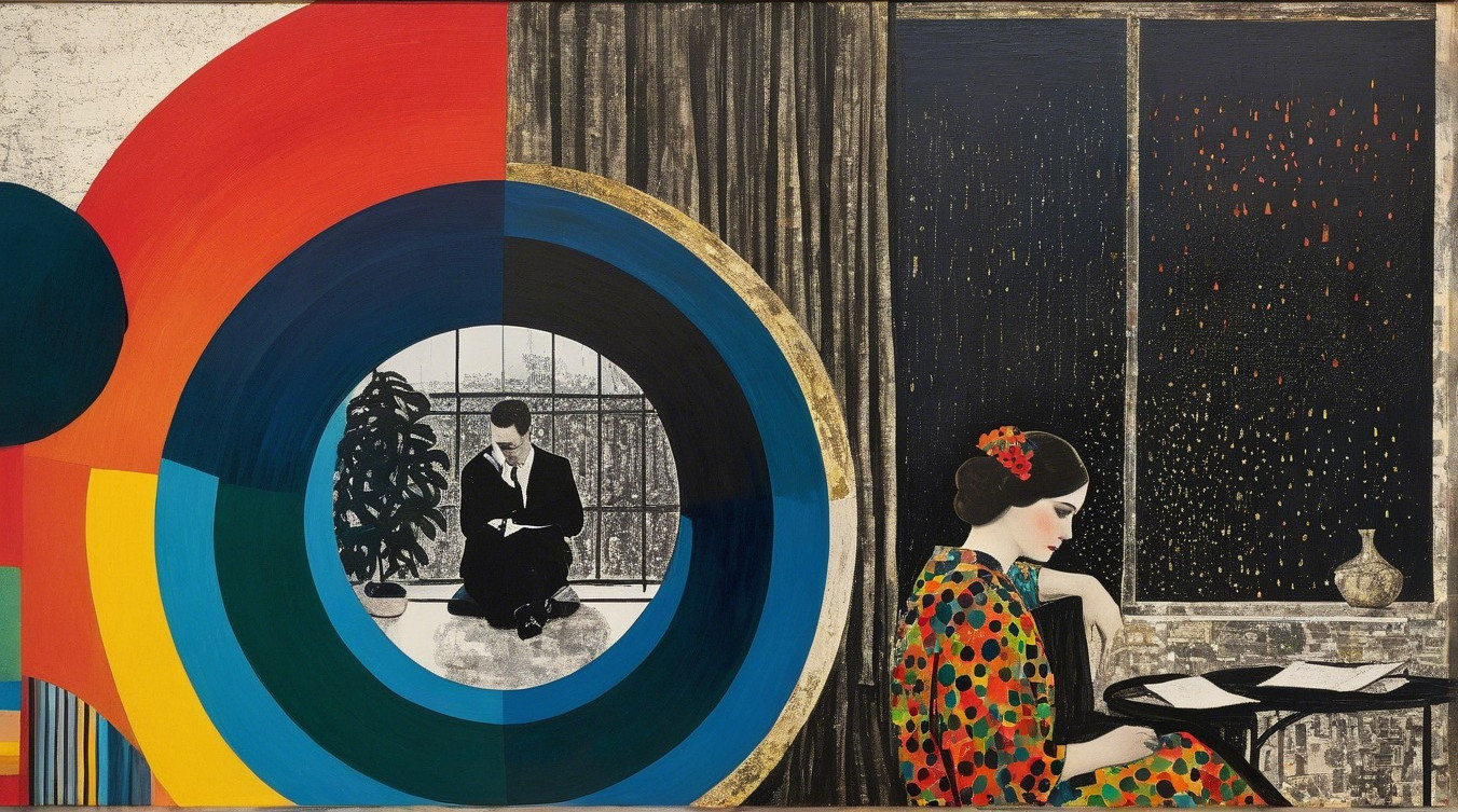 Split Composition of Colorful Figures and Rainy Scene