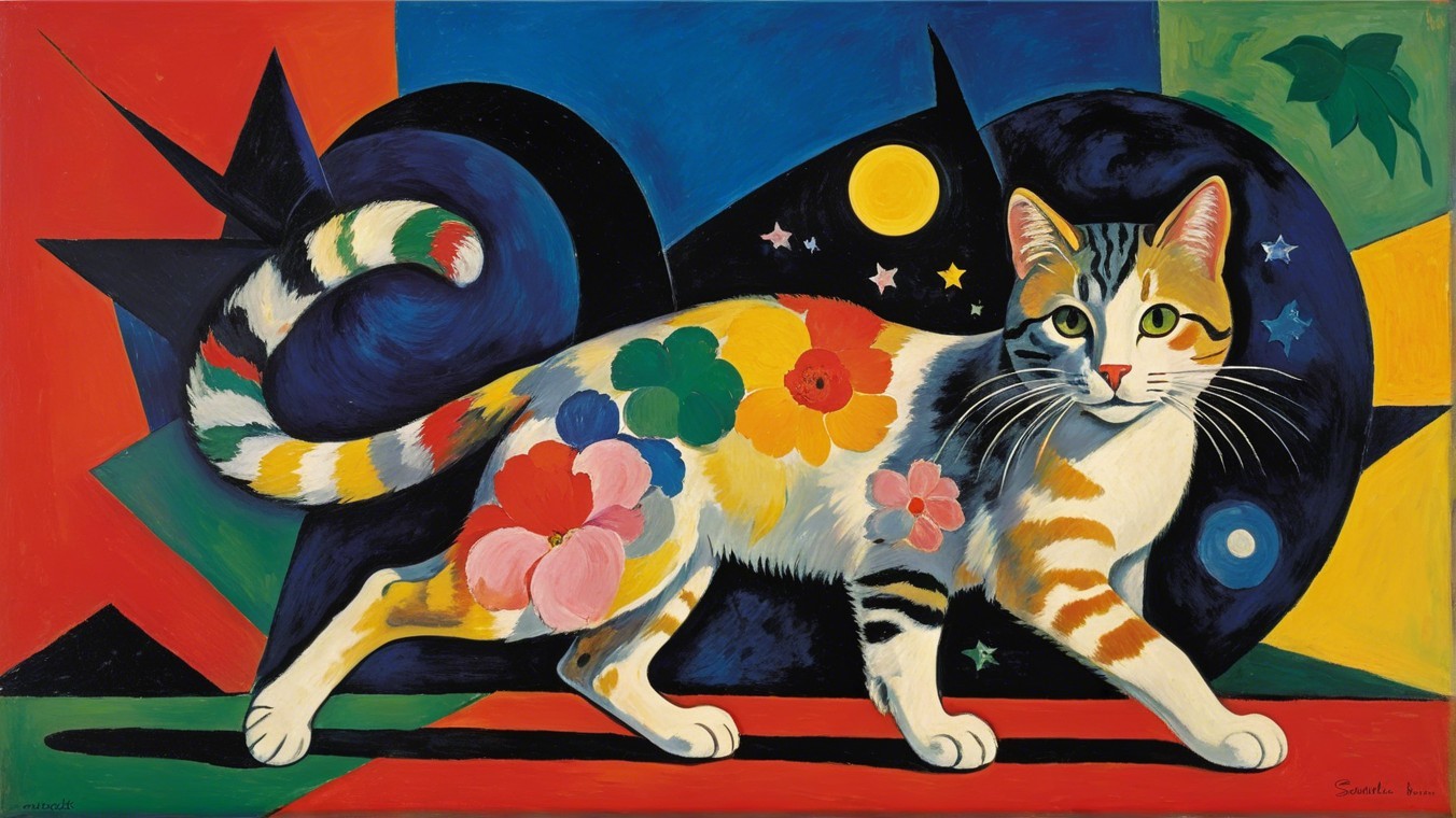 Abstract Cat Painting with Colorful Flowers and Shapes