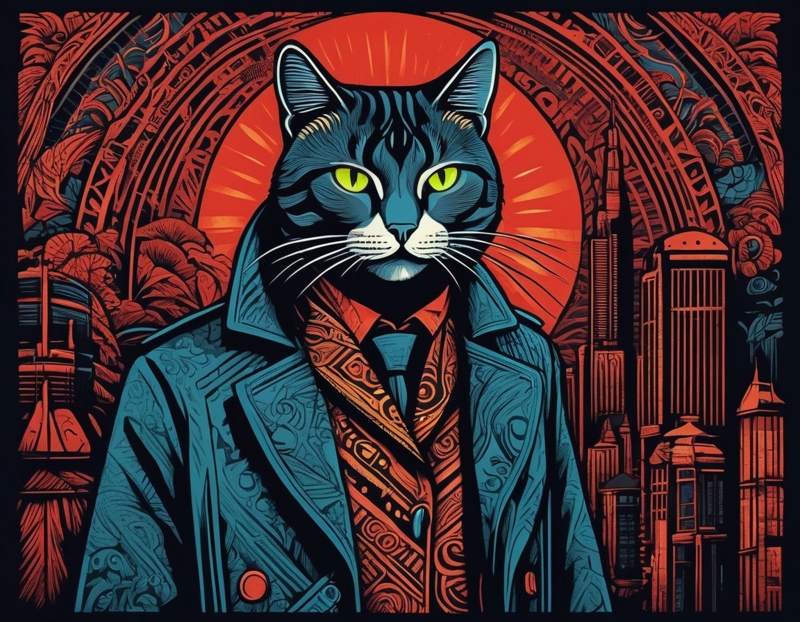 Stylized Cat in Formal Suit Against Urban Background