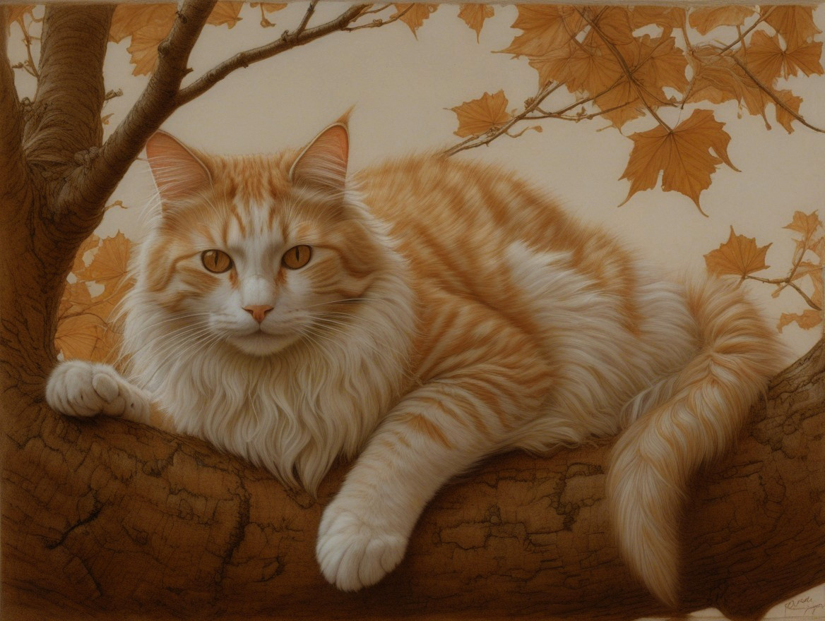 Orange Tabby Cat Relaxing on Tree Branch in Autumn