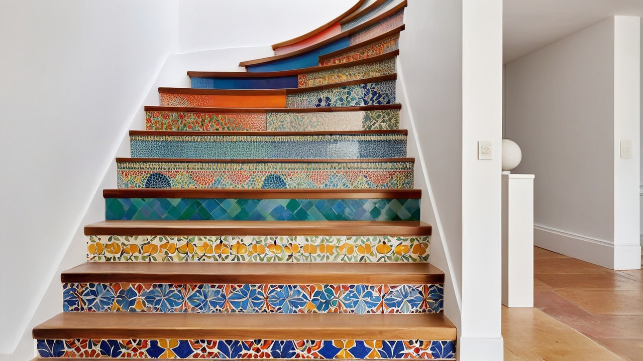 Colorful Mosaic Staircase with Wooden Edges
