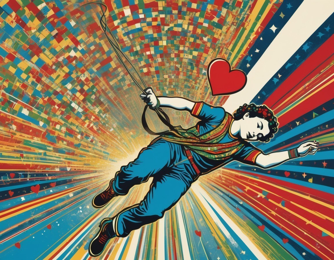 Child Swinging with Heart Balloon and Abstract Flag